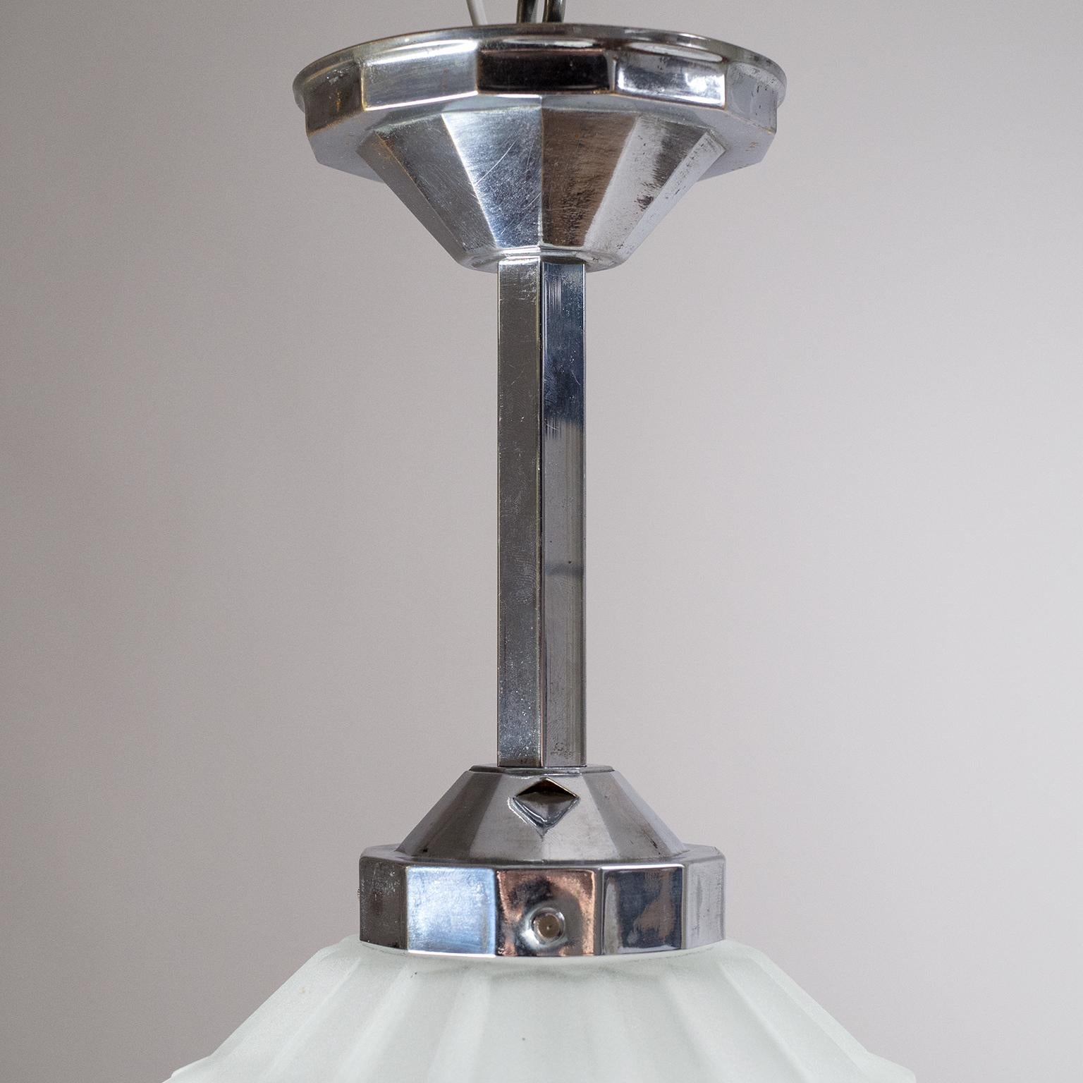 1920s French Art Deco Ceiling Light, Chrome and Frosted Glass 2