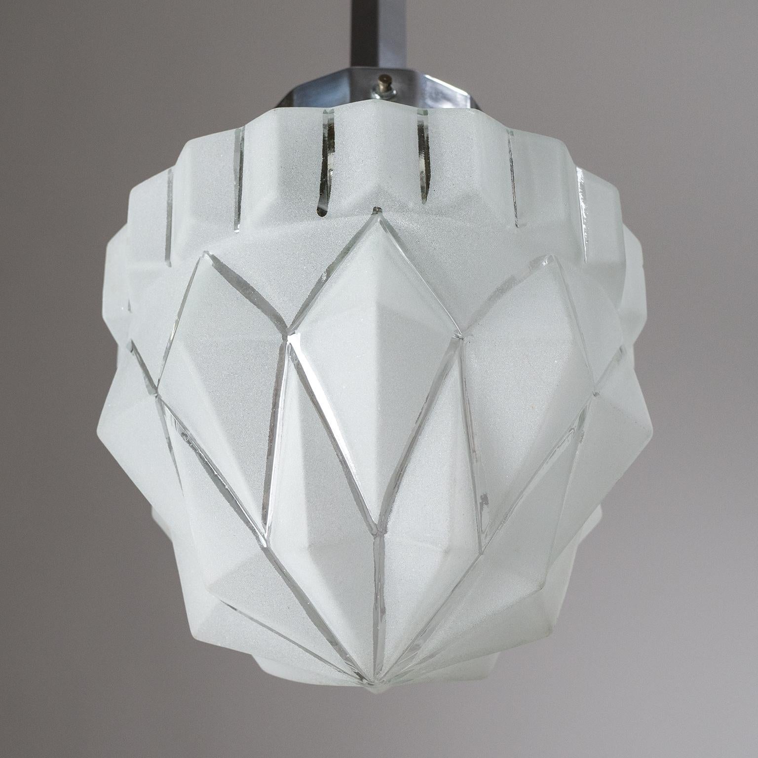 1920s French Art Deco Ceiling Light, Chrome and Frosted Glass 3