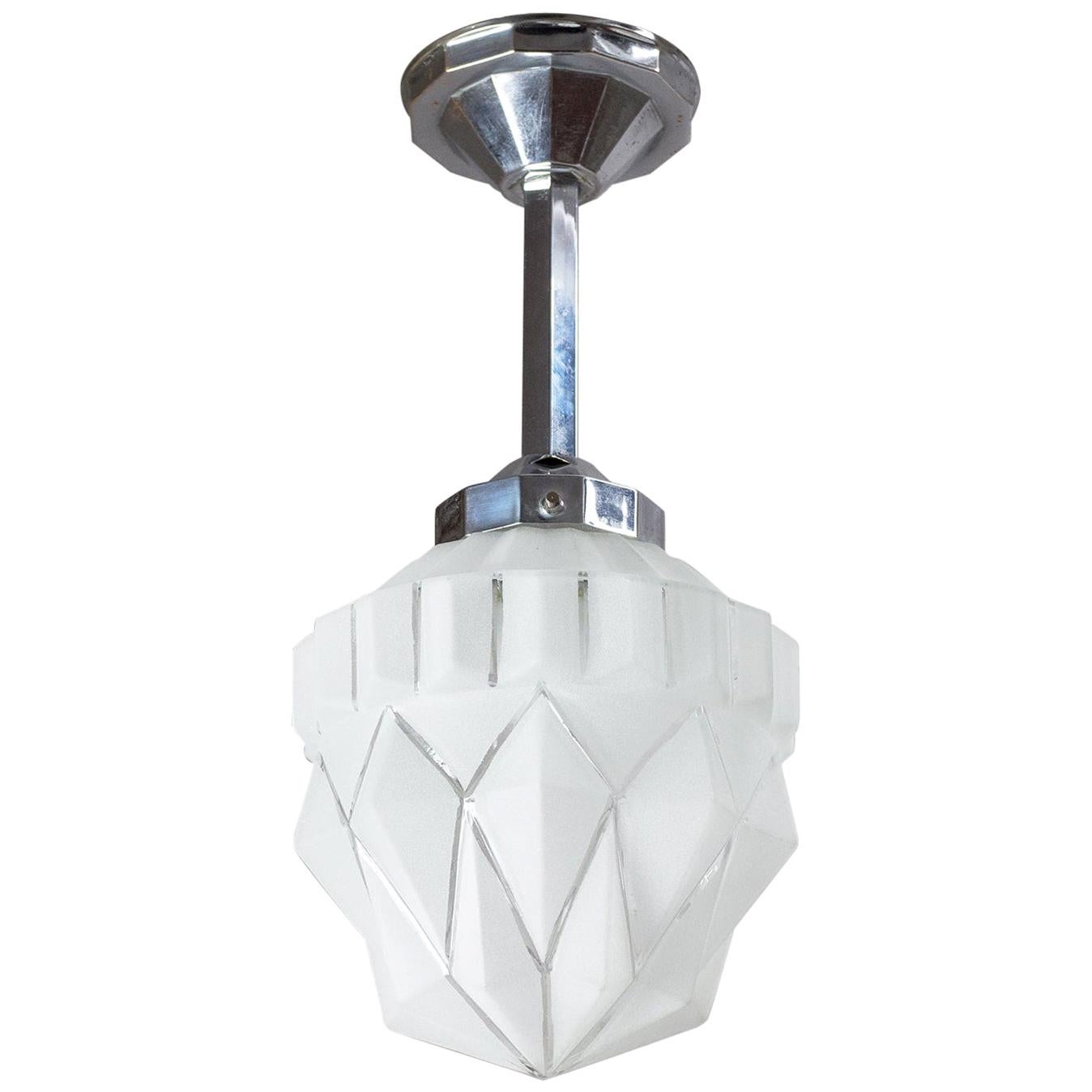 1920s French Art Deco Ceiling Light, Chrome and Frosted Glass