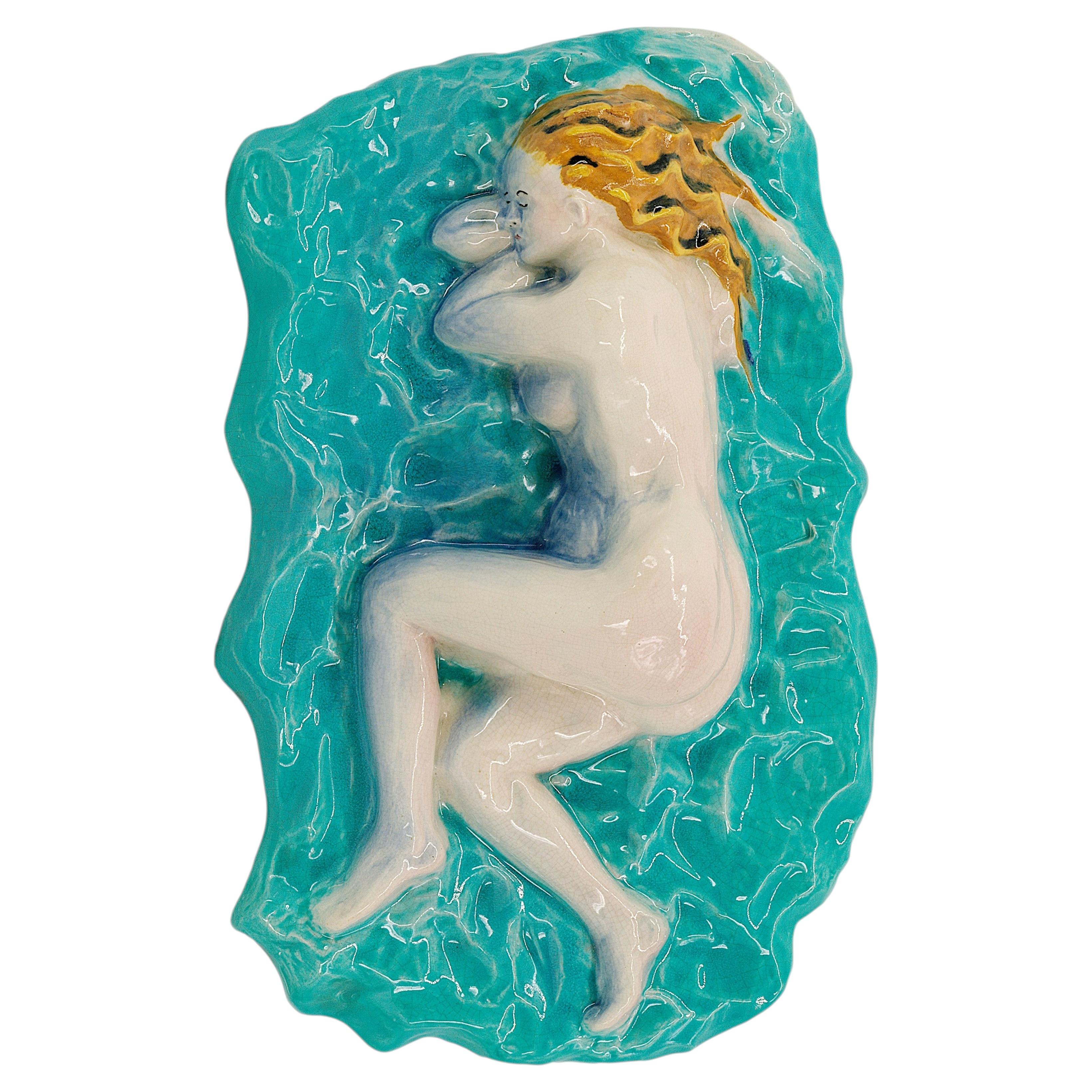 1920s French Art Deco Ceramic Wall Plaque, Crackle Glaze, Signed For Sale