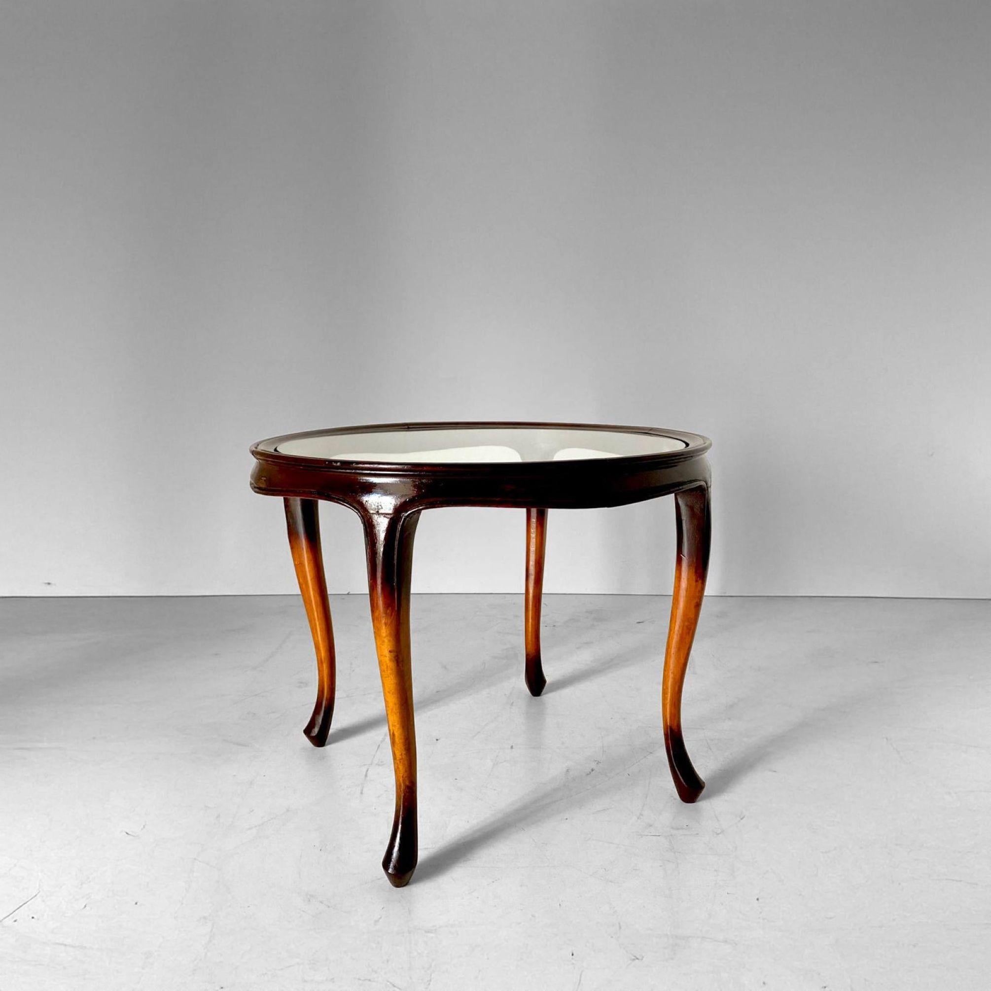 1920s French Art Deco Coffee Table, Beech Wood & Glass, Curved Design For Sale