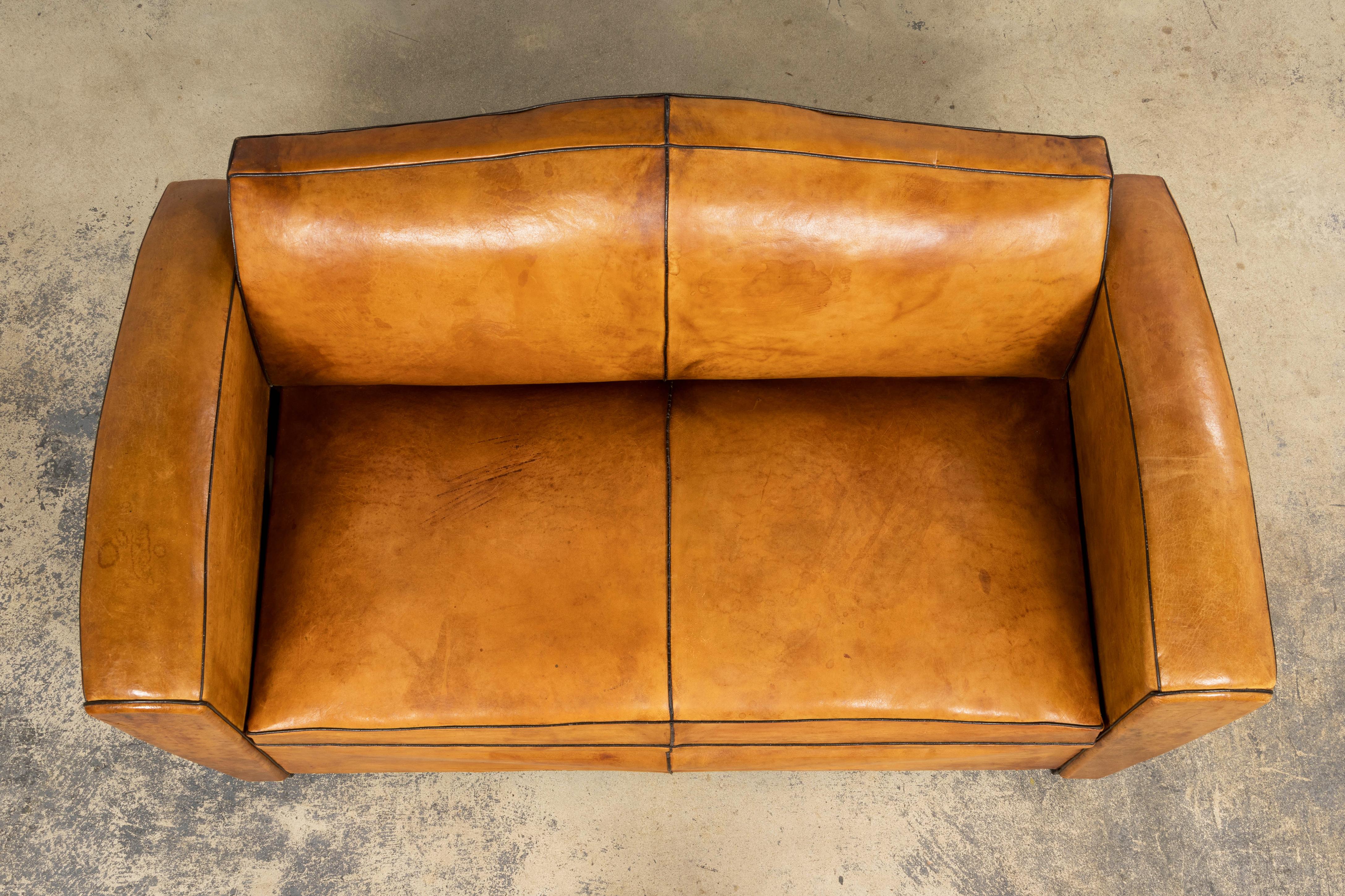 French Art Deco Cognac Leather Club Sofa, Hand-Crafted, Paris, 1920s ...