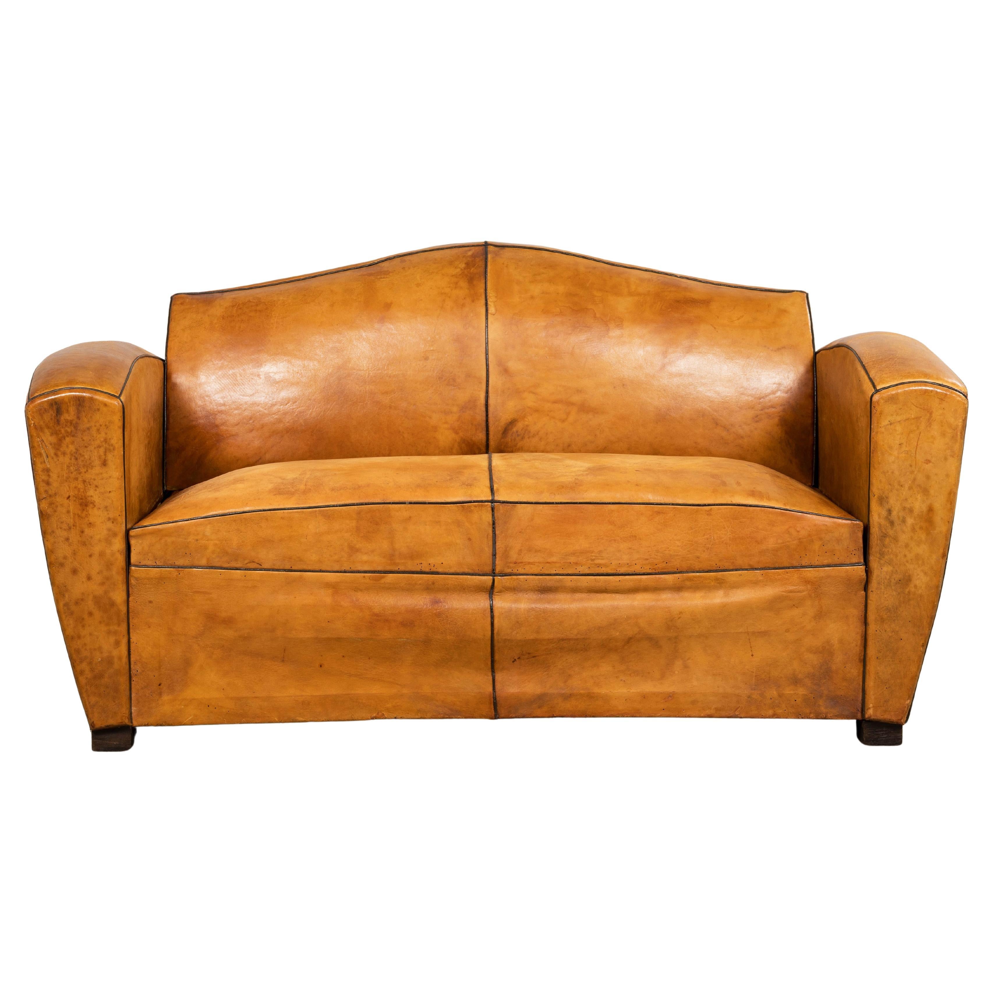 1920s French Art Deco Cognac Leather Club Sofa For Sale