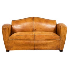 1920s French Art Deco Cognac Leather Club Sofa
