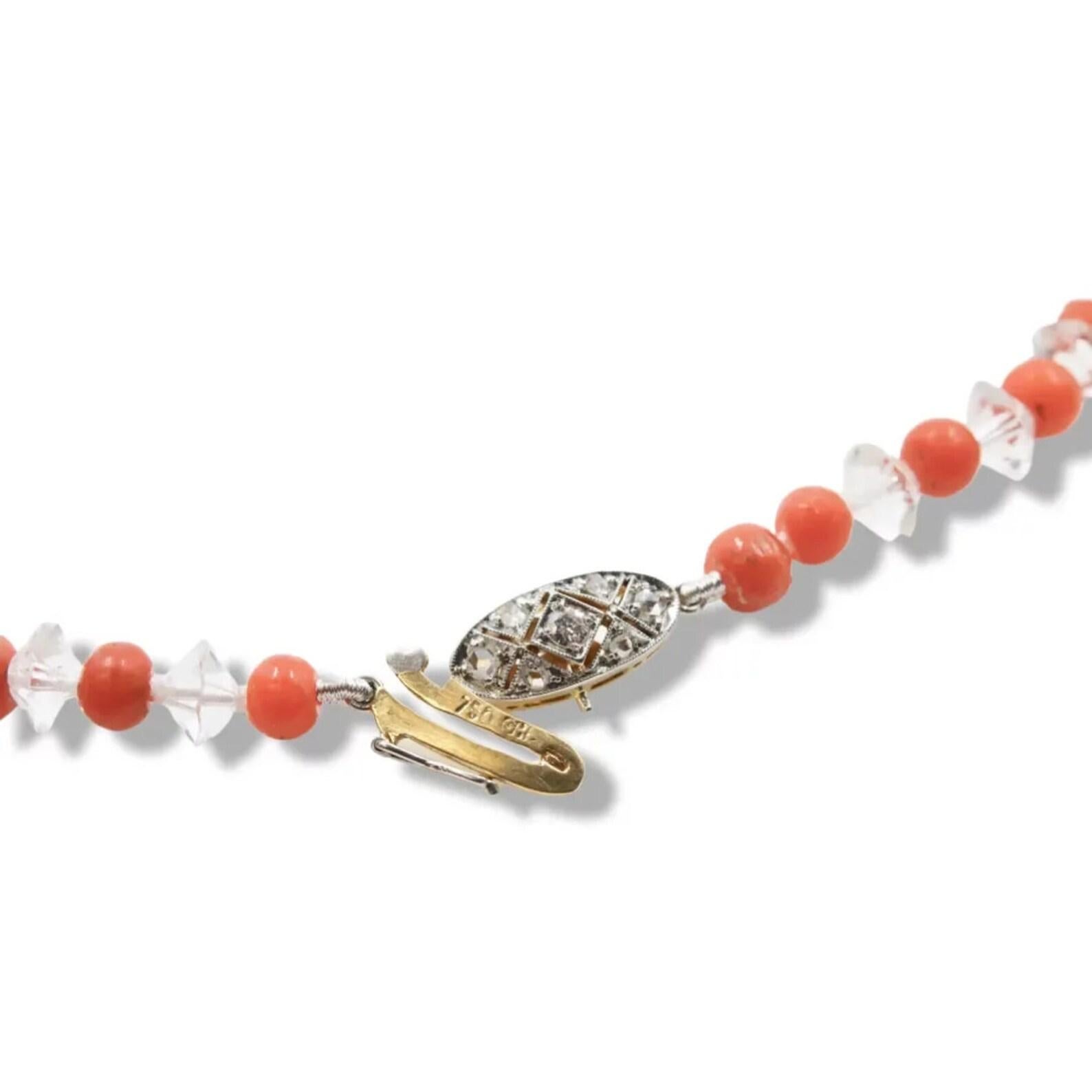 French Cut 1920's French Art Deco Coral, Rock Crystal, and Diamond Necklace For Sale