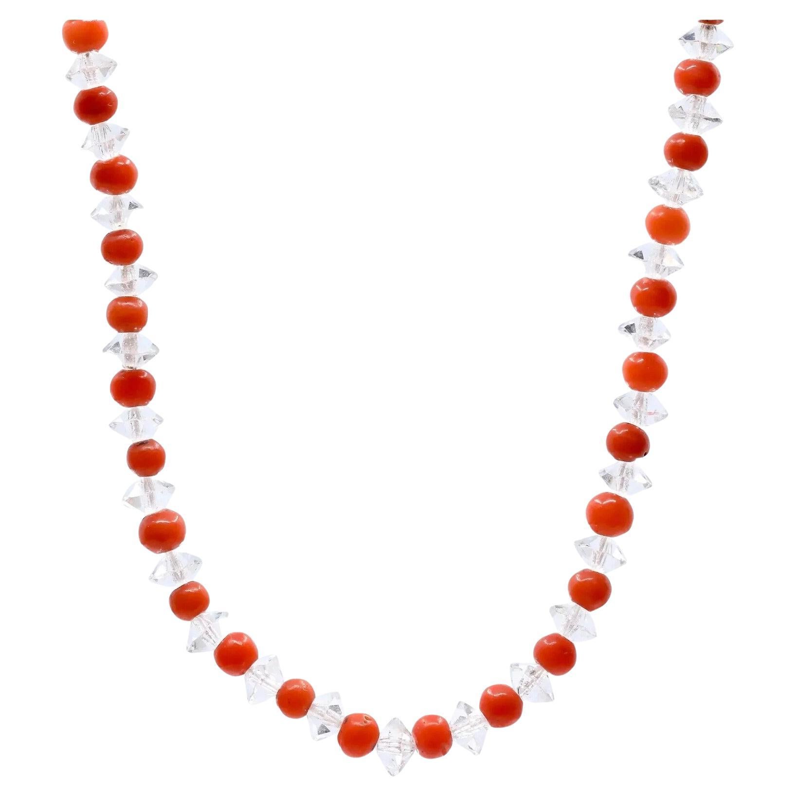 1920's French Art Deco Coral, Rock Crystal, and Diamond Necklace For Sale