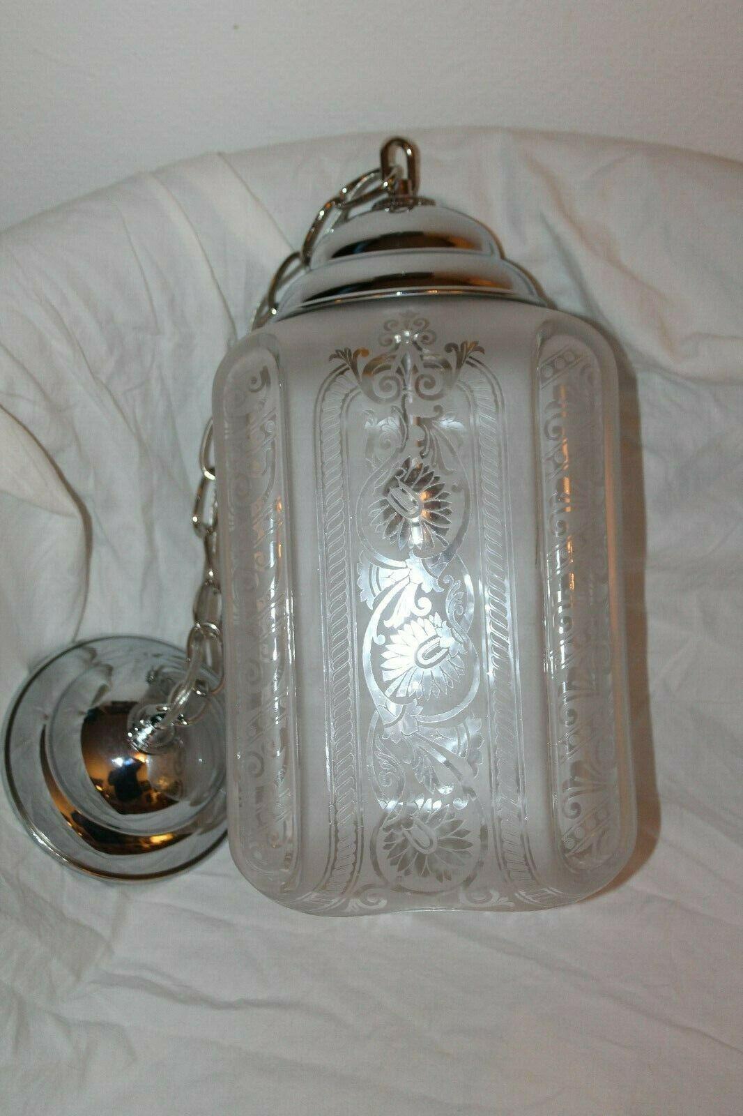 1920's French Art Deco Crystal Lantern by Baccarat. Floral etched with nickel hardware. Ready to mount.