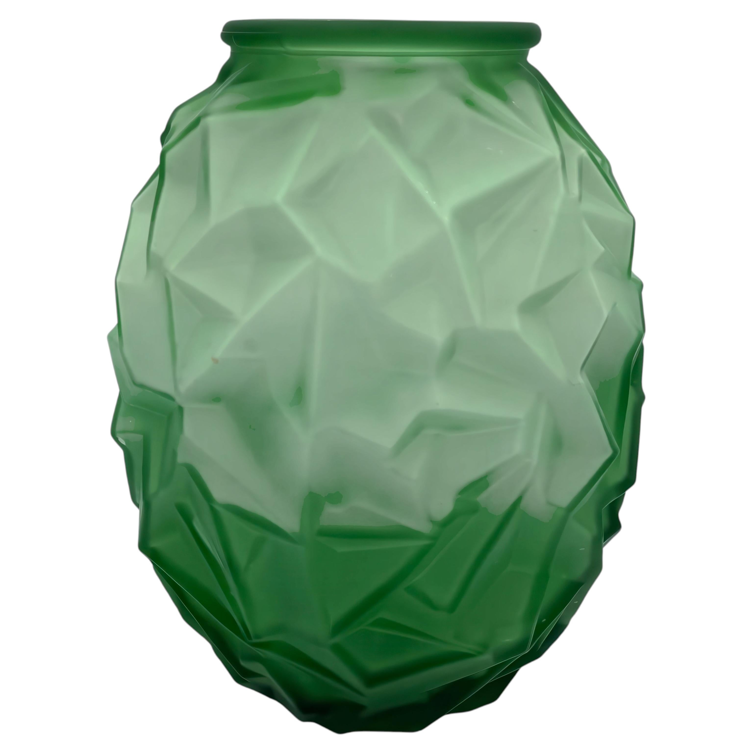 1920's French Art Deco Emerald Green Frosted Glass Vase Cubist Geometric Design