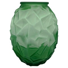 1920's French Art Deco Emerald Green Frosted Glass Vase Cubist Geometric Design