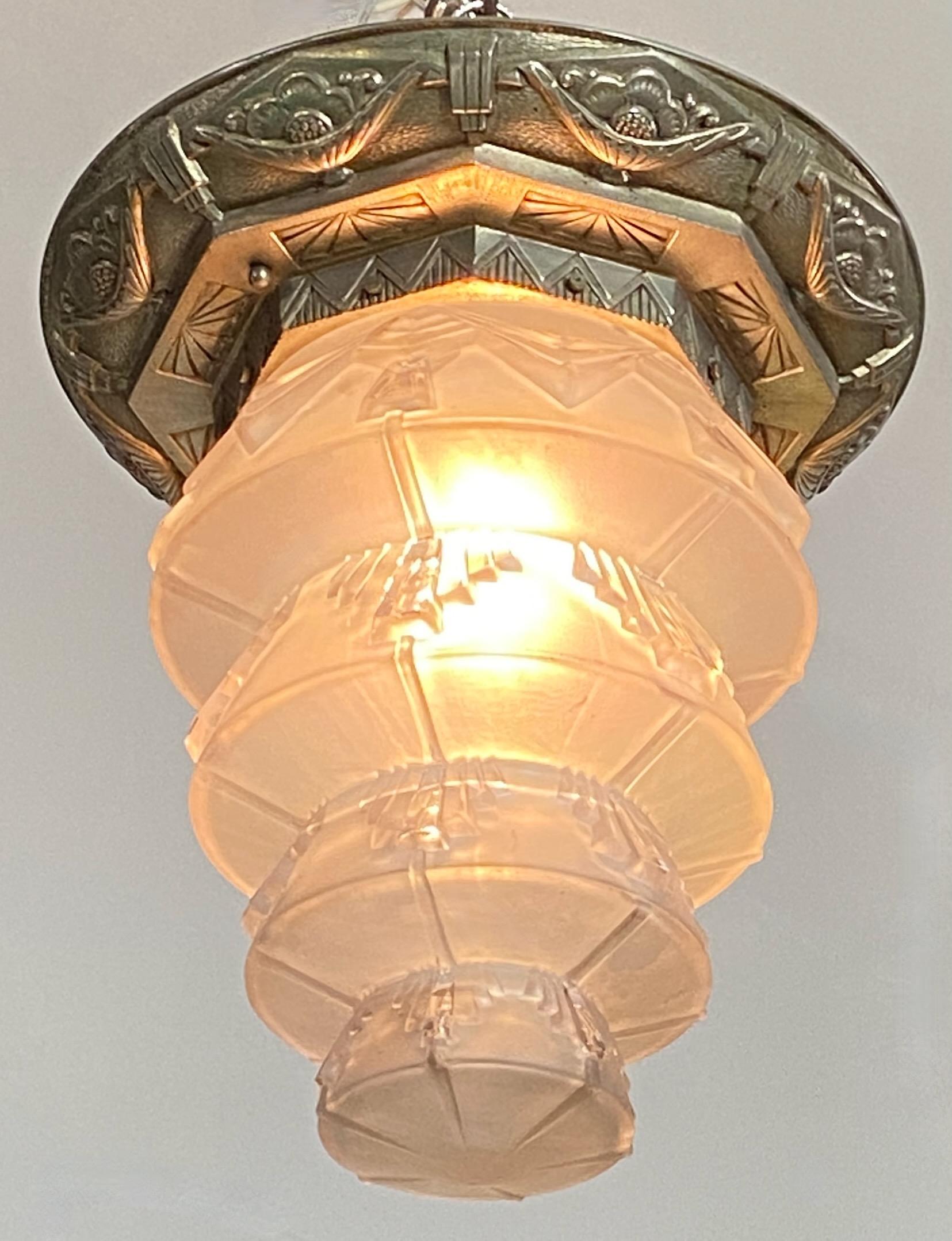 1920's French Art Deco Flush Mount Pendant Light Fixture In Good Condition For Sale In San Francisco, CA