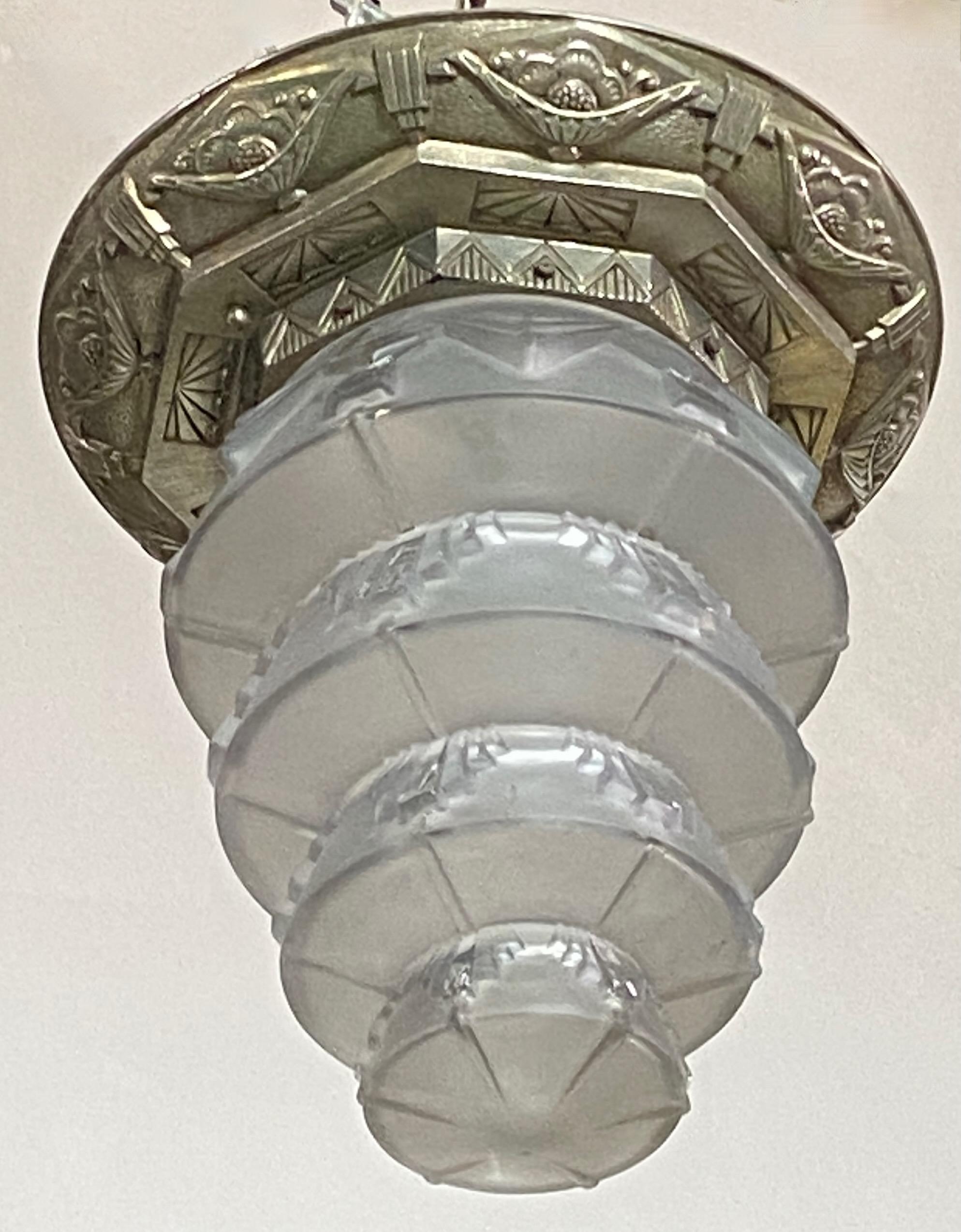 Glass 1920's French Art Deco Flush Mount Pendant Light Fixture For Sale