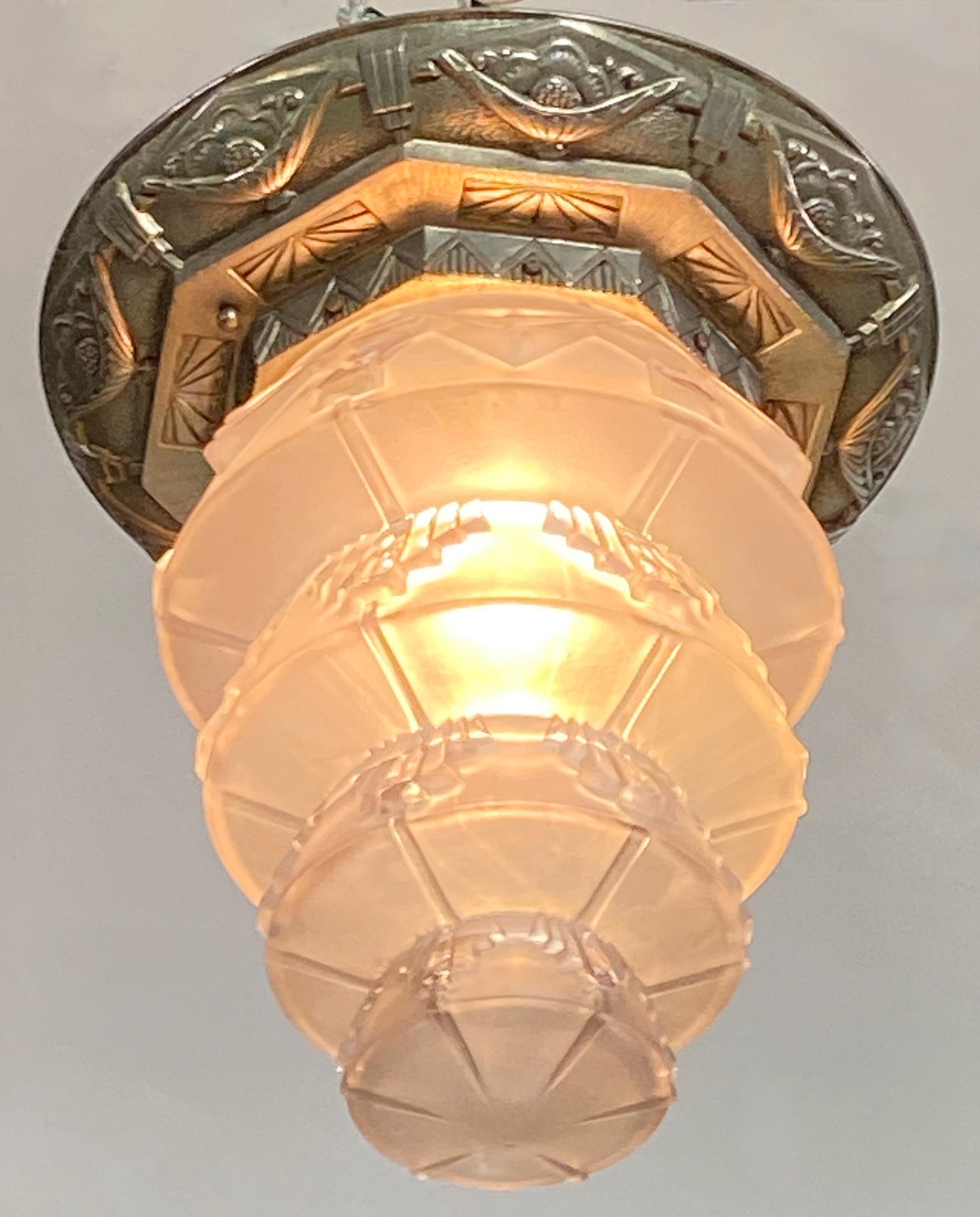 1920's French Art Deco Flush Mount Pendant Light Fixture For Sale 1