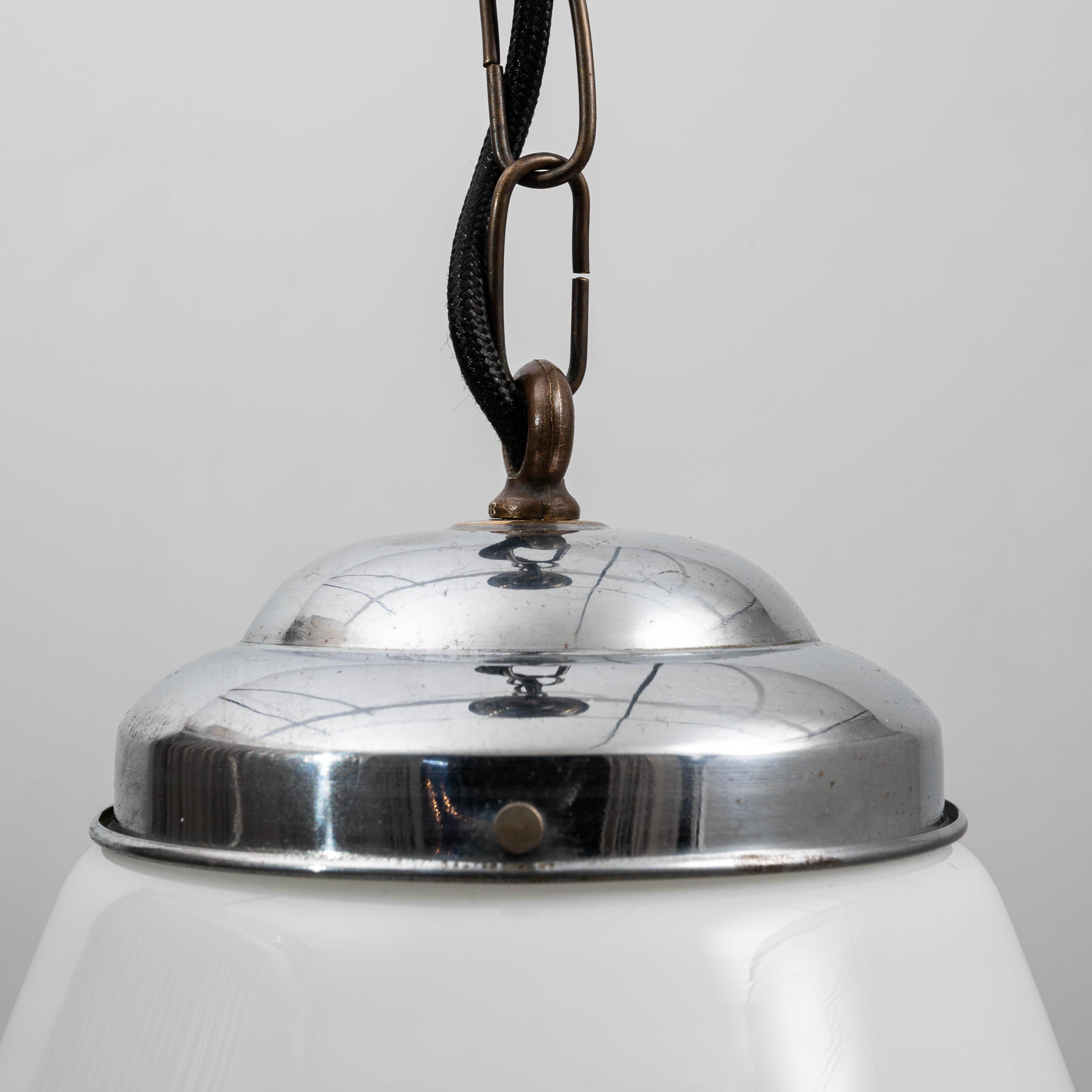 1920s French Art Deco Glass Pendant With Chrome Fitting For Sale 4