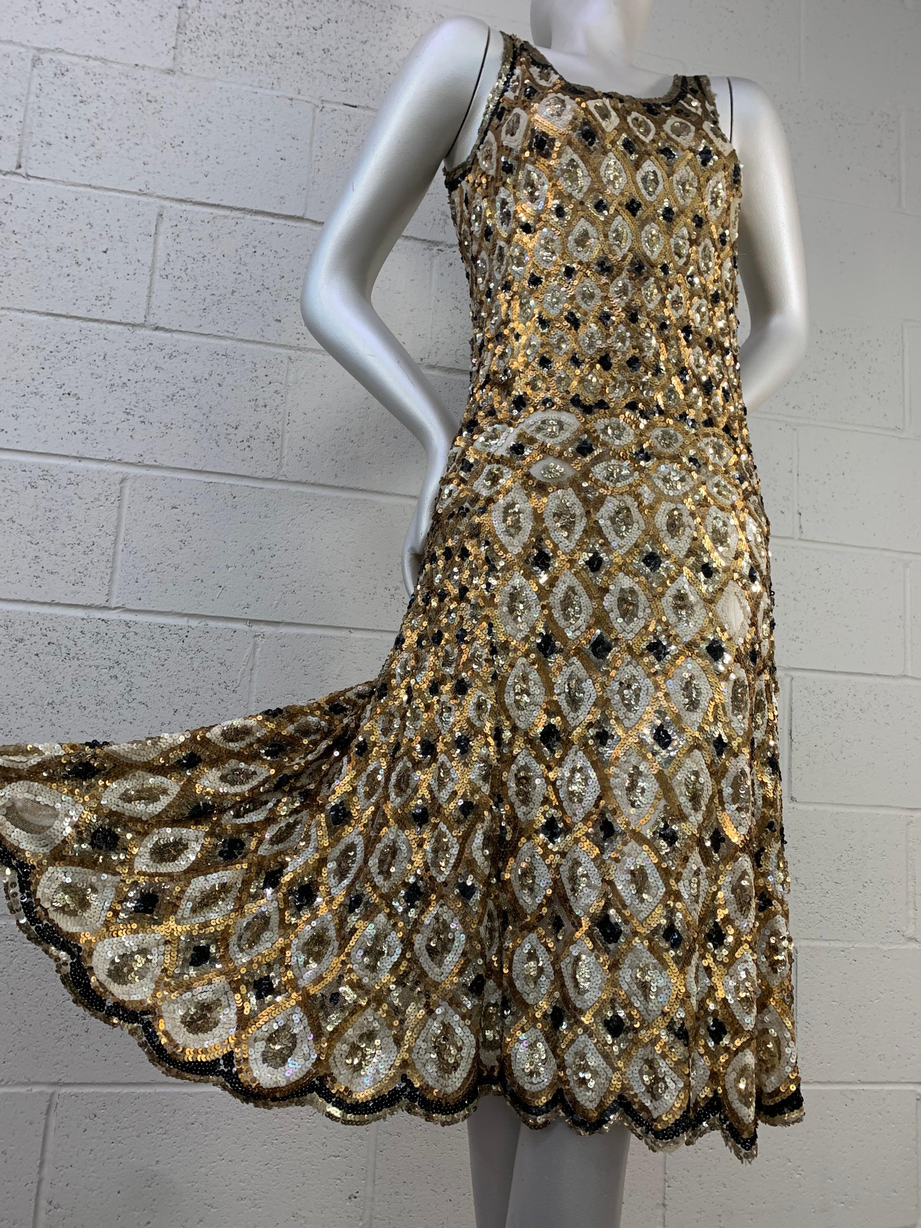 Women's 1920s French Art Deco Gold & Black Harlequin Sequin Dancing Dress--Ultra Rare!  For Sale