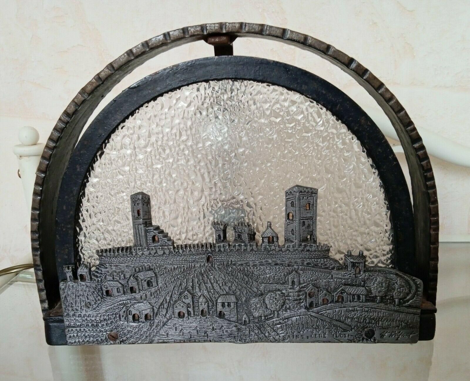 French Art Deco Wall Lamp/ Sconce of Saint Cere Castle. Made by artist H. Delprat. Frosted glass panel against a very detailed Iron Scene of Saint Cere Castle by H. Delprat