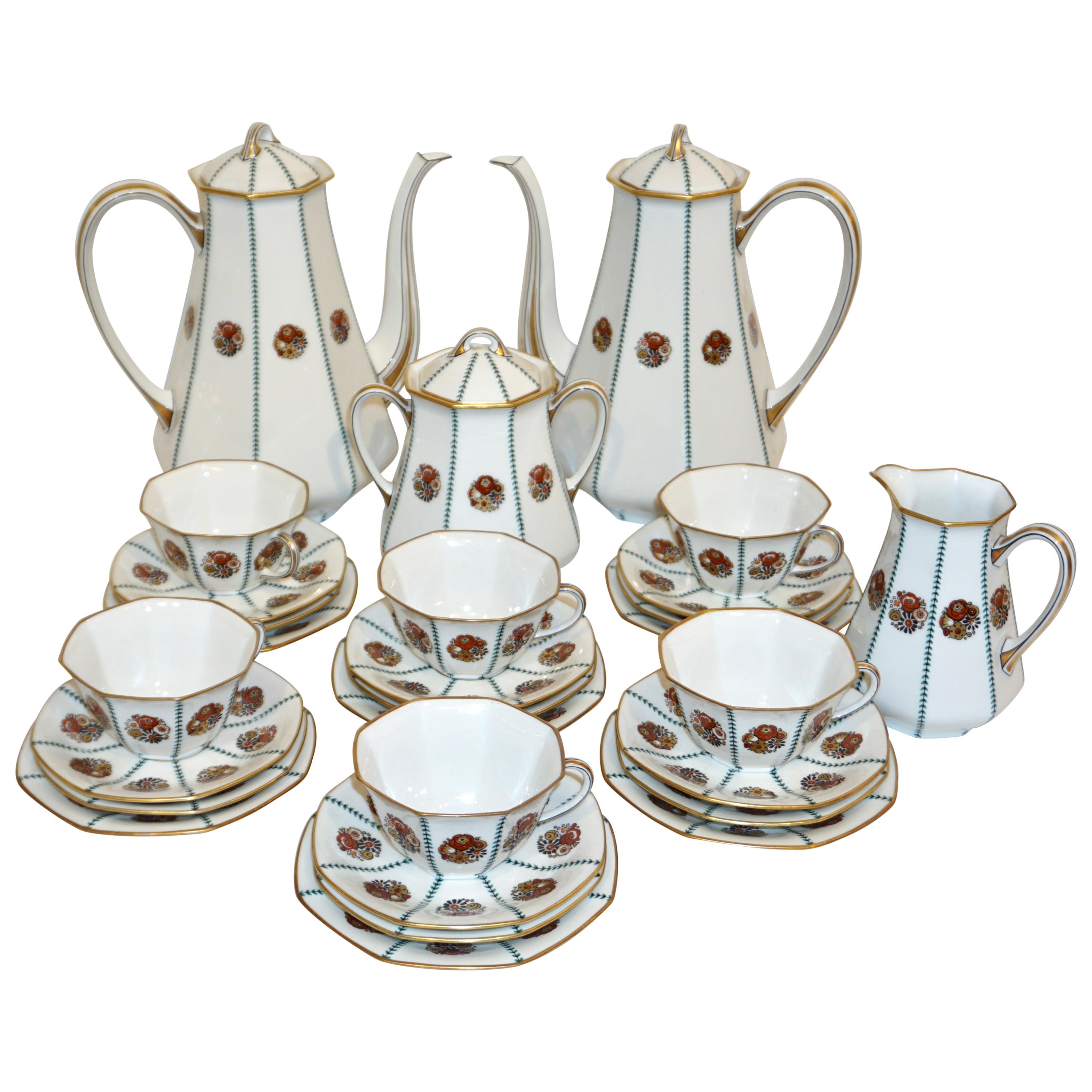 1920s French Art Deco Limoges Porcelain Modern Octagonal Tea / Coffee Set