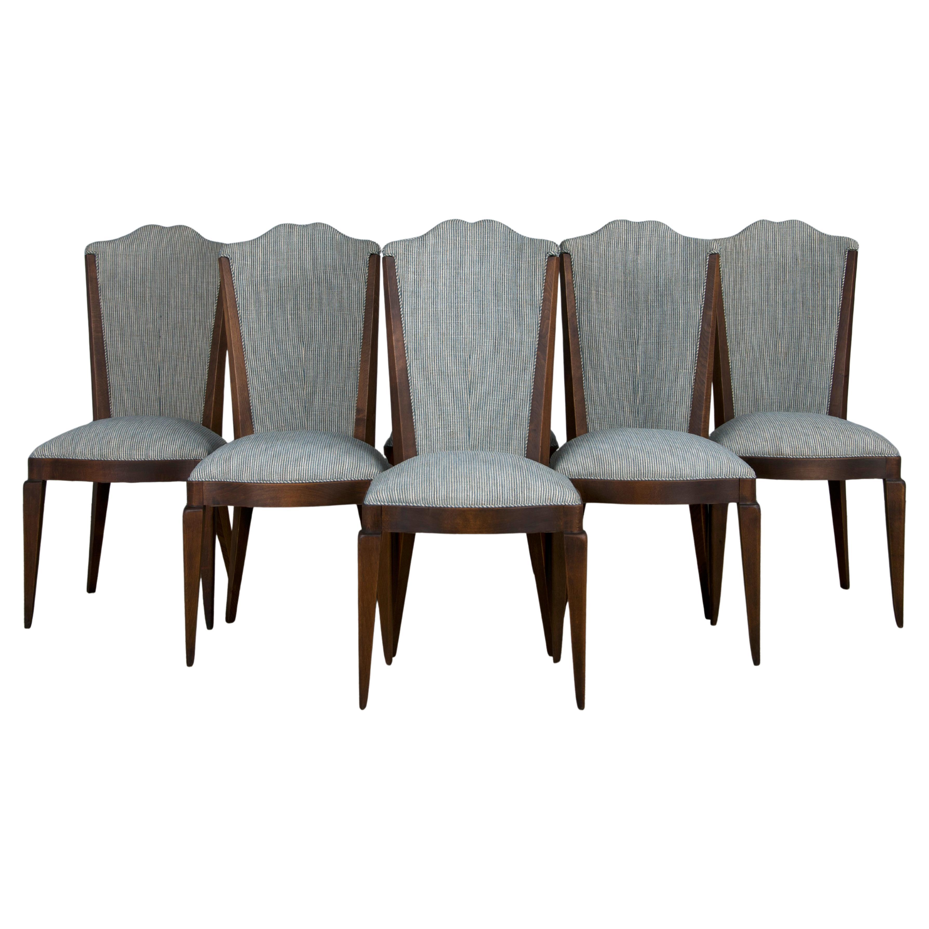 1920s French Art Deco Maple Dining Chairs W/ Striped Fabric - Set of 6