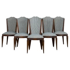 1920s French Art Deco Maple Dining Chairs W/ Striped Fabric - Set of 6