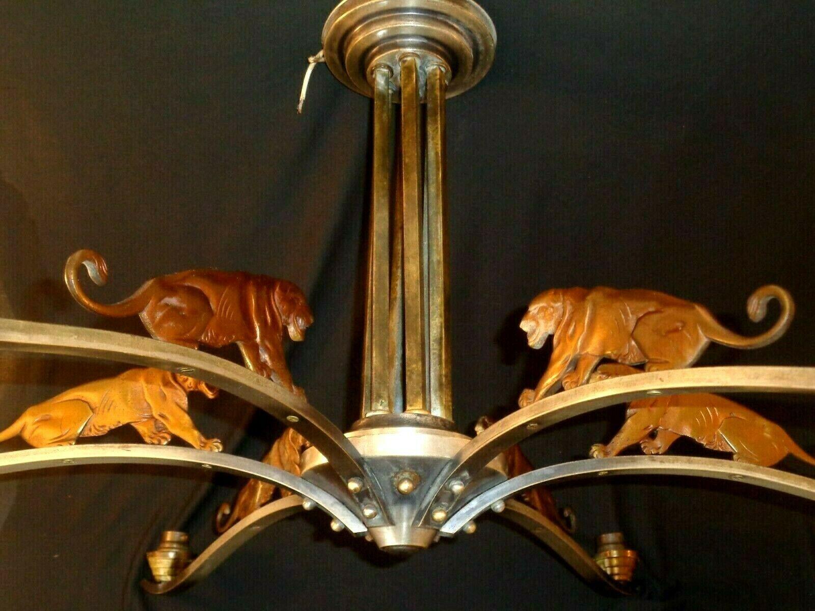 1920s French Art Deco Nickel Framed Bronze Figural Roaring Tiger Chandelier In Good Condition For Sale In Opa Locka, FL
