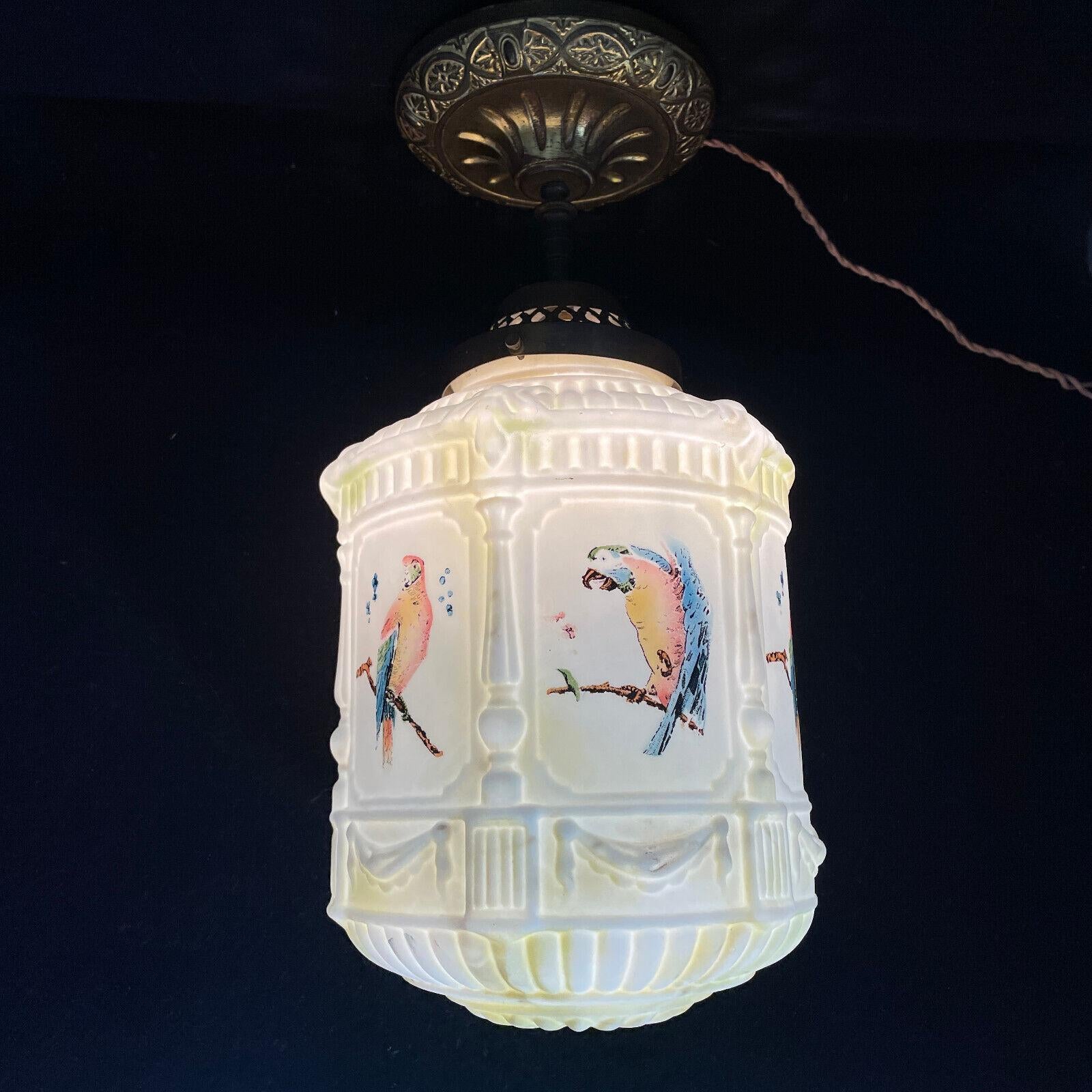 1920's French Art Deco Opaline Art Glass with Painted Parrot Panelled Lantern For Sale 8
