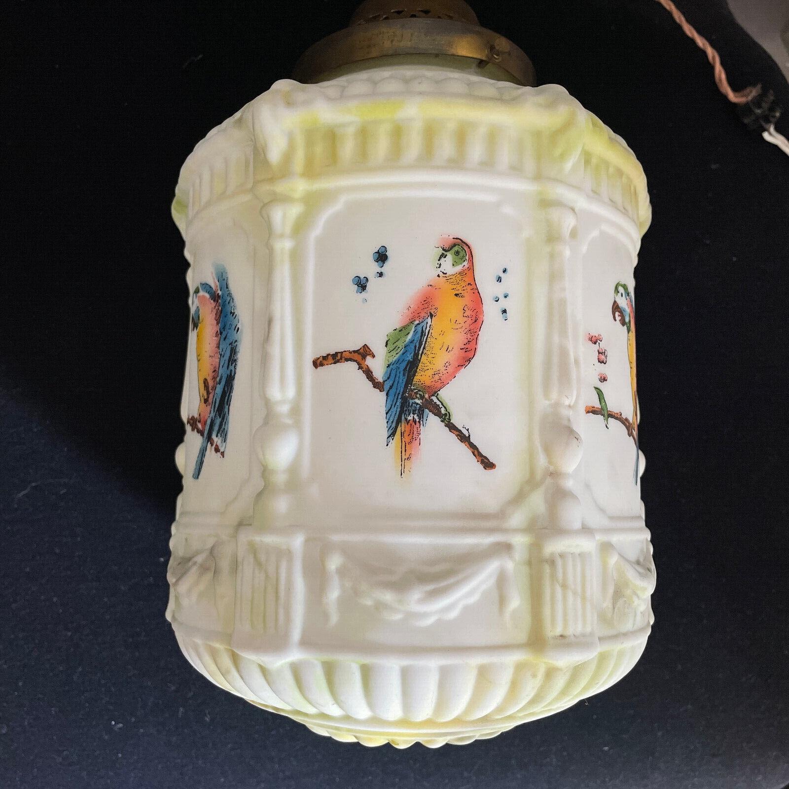 1920's French Art Deco Opaline Art Glass with Painted Parrot Panelled Lantern In Good Condition For Sale In Opa Locka, FL