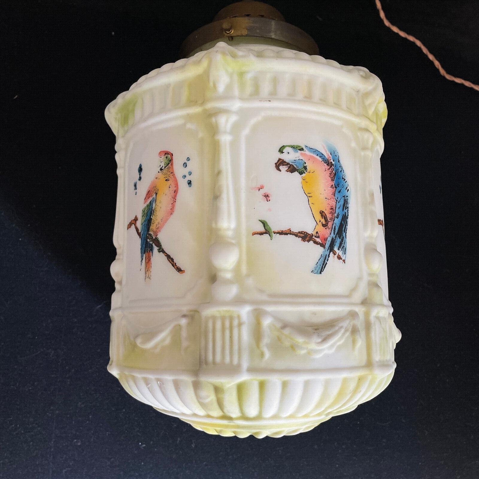 1920's French Art Deco Opaline Art Glass with Painted Parrot Panelled Lantern For Sale 1