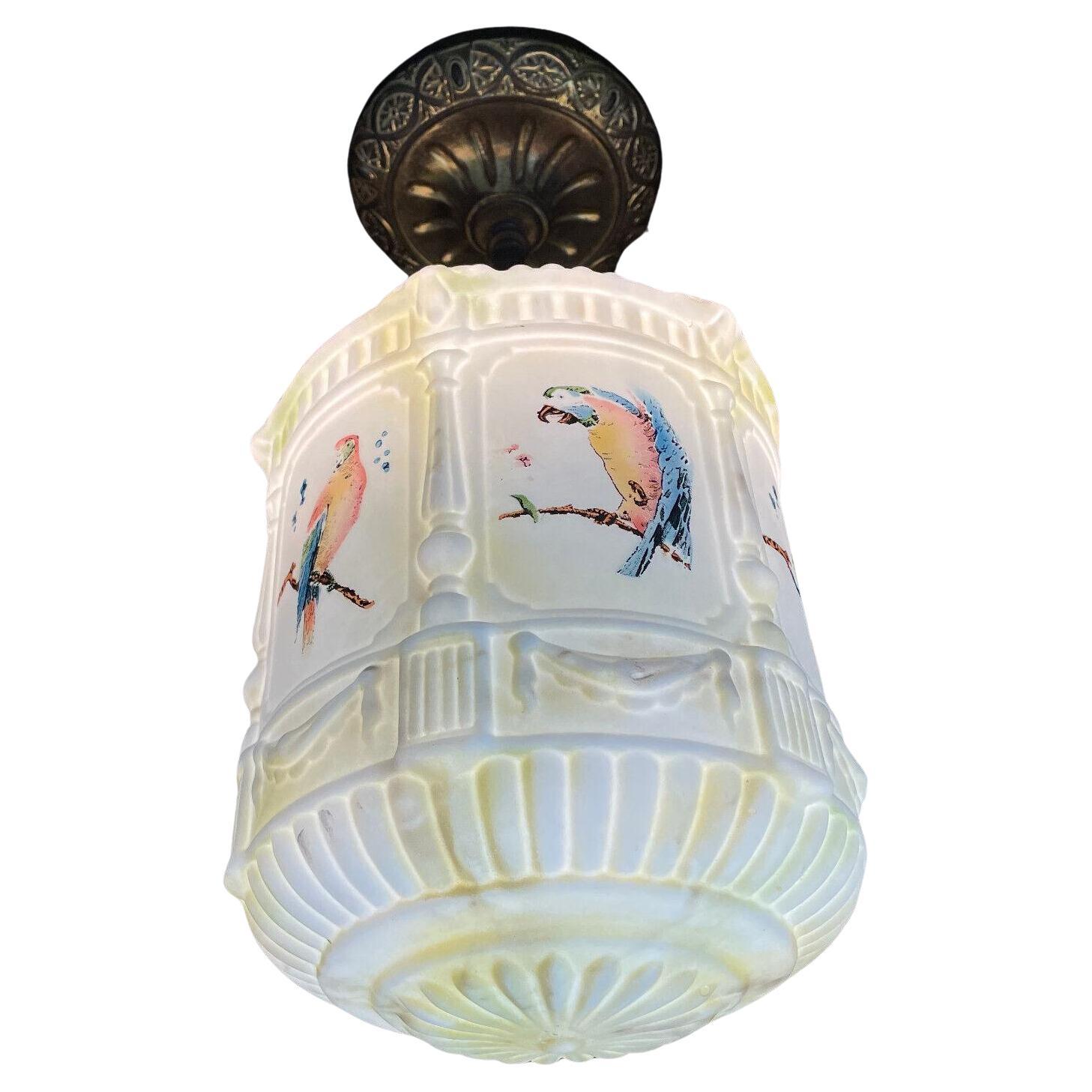 1920's French Art Deco Opaline Art Glass with Painted Parrot Panelled Lantern For Sale