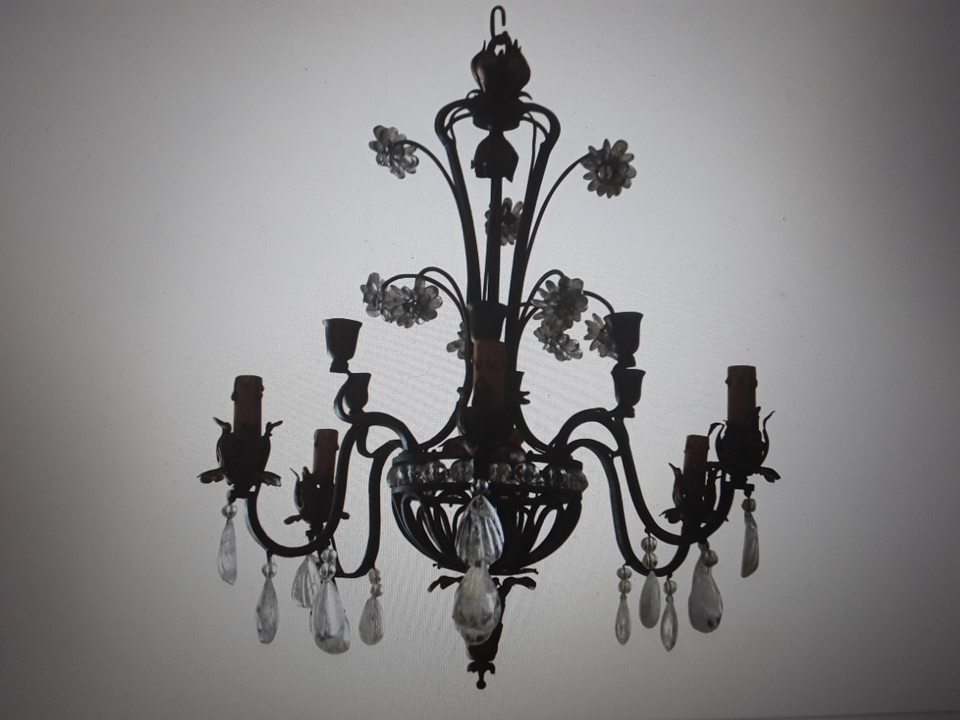 1920s French Art Deco Patinated Iron w/ Rock Crystal Chandelier by Maison Bagues For Sale 6