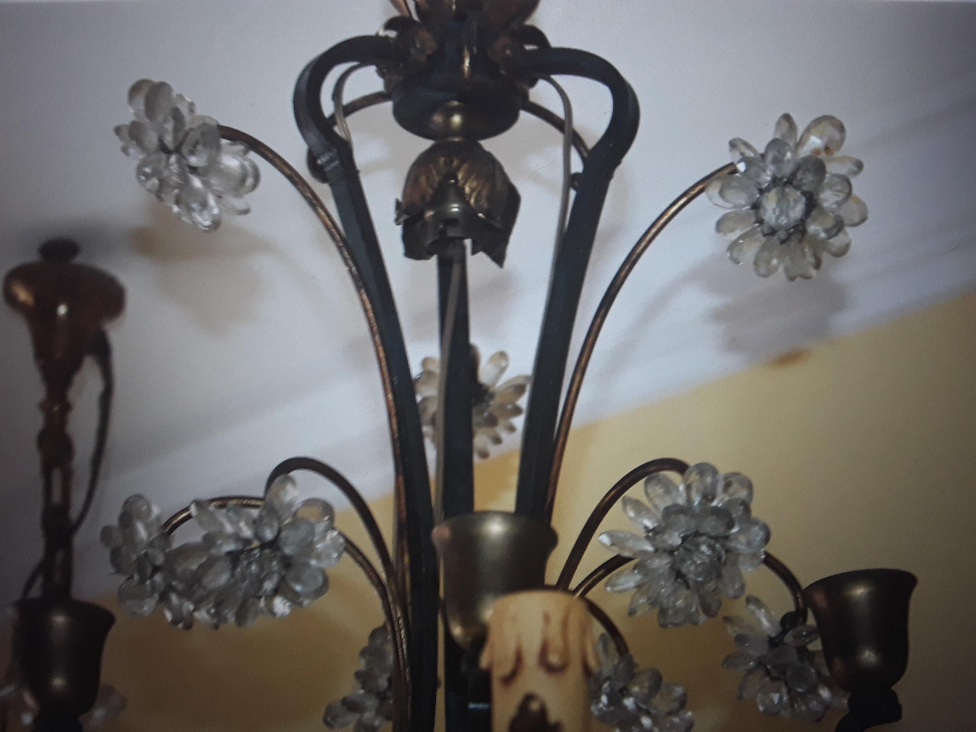 1920s French Art Deco Patinated Iron w/ Rock Crystal Chandelier by Maison Bagues In Good Condition For Sale In Opa Locka, FL