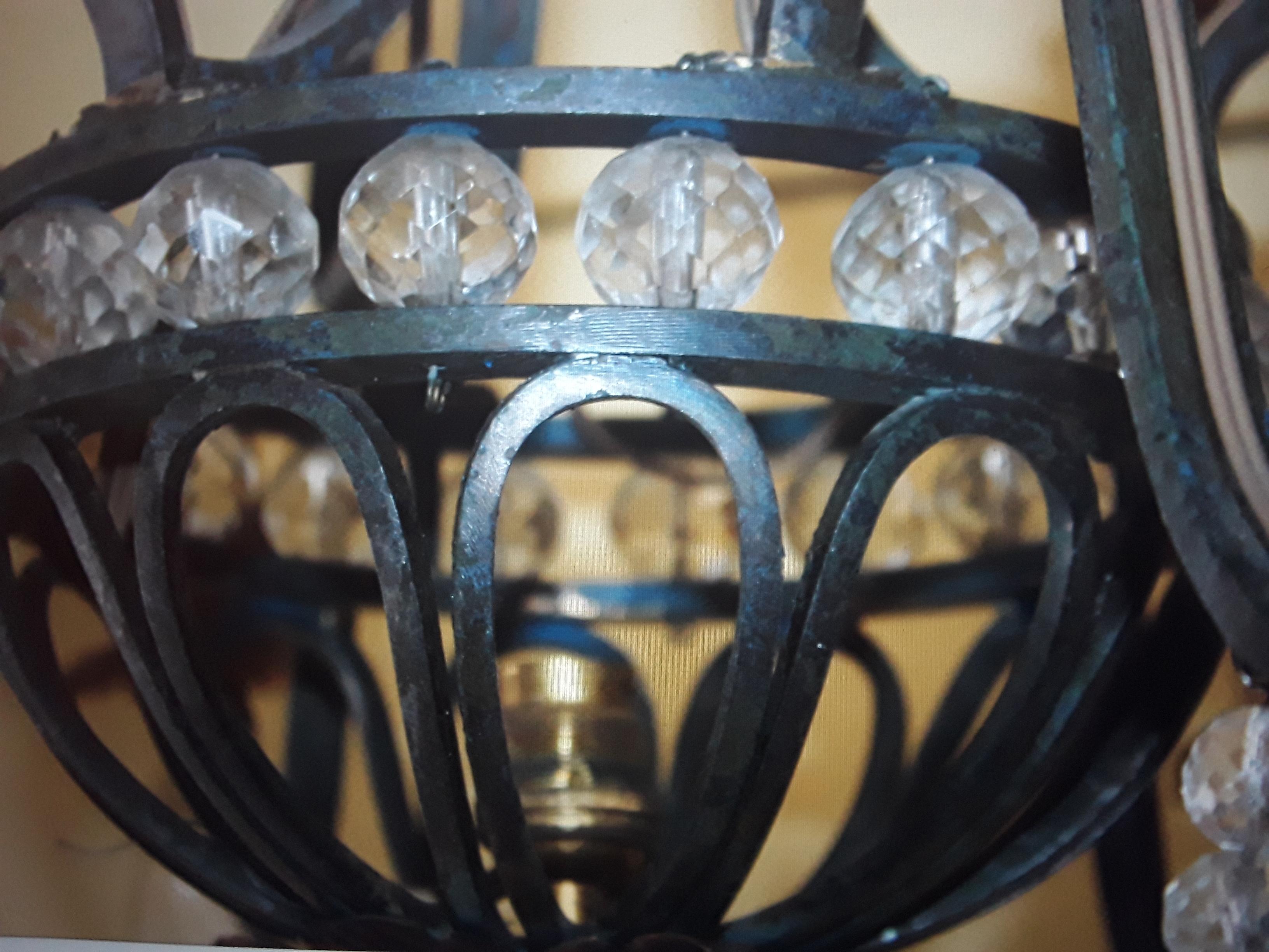 1920s French Art Deco Patinated Iron w/ Rock Crystal Chandelier by Maison Bagues For Sale 2