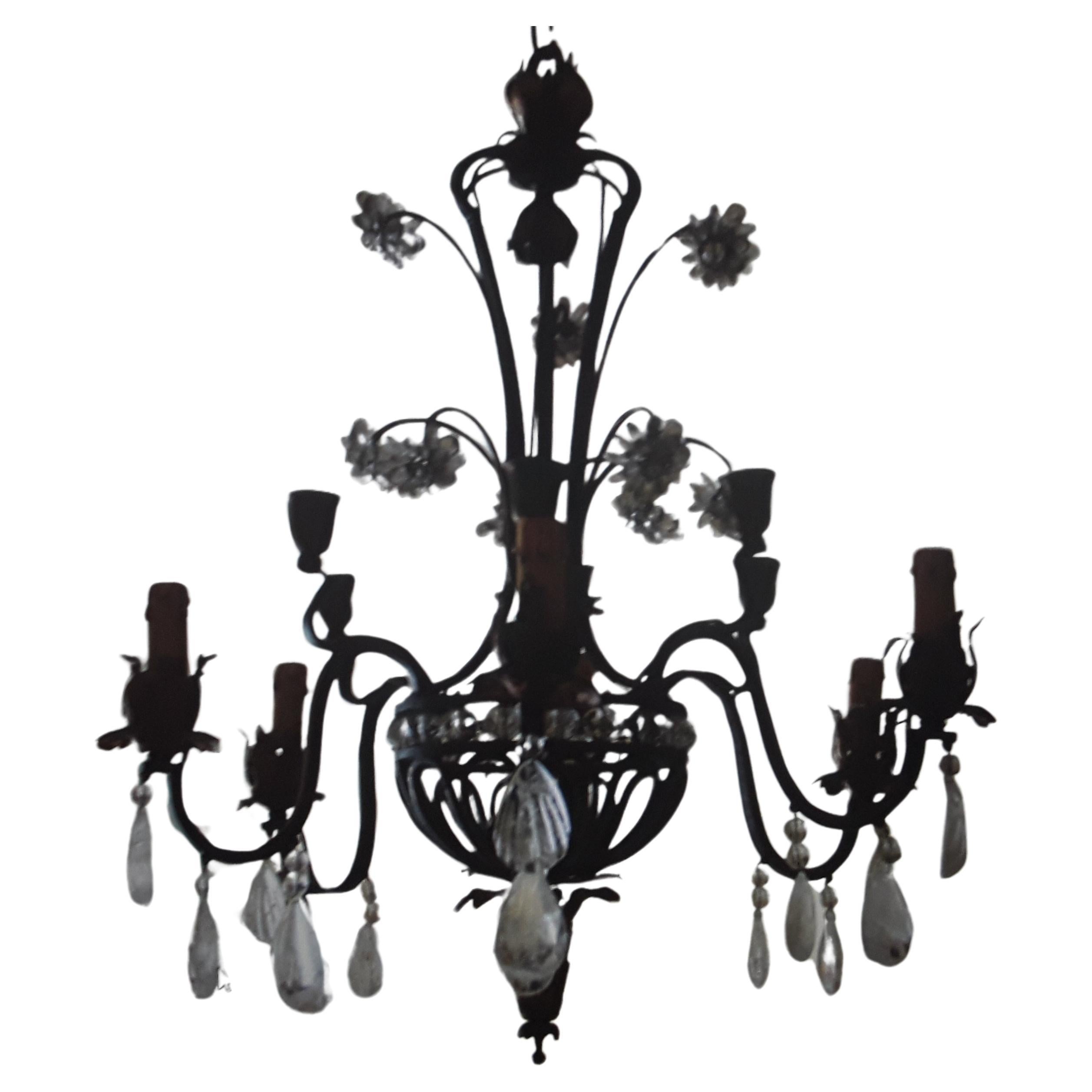 1920s French Art Deco Patinated Iron w/ Rock Crystal Chandelier by Maison Bagues For Sale