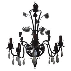 Antique 1920s French Art Deco Patinated Iron w/ Rock Crystal Chandelier by Maison Bagues