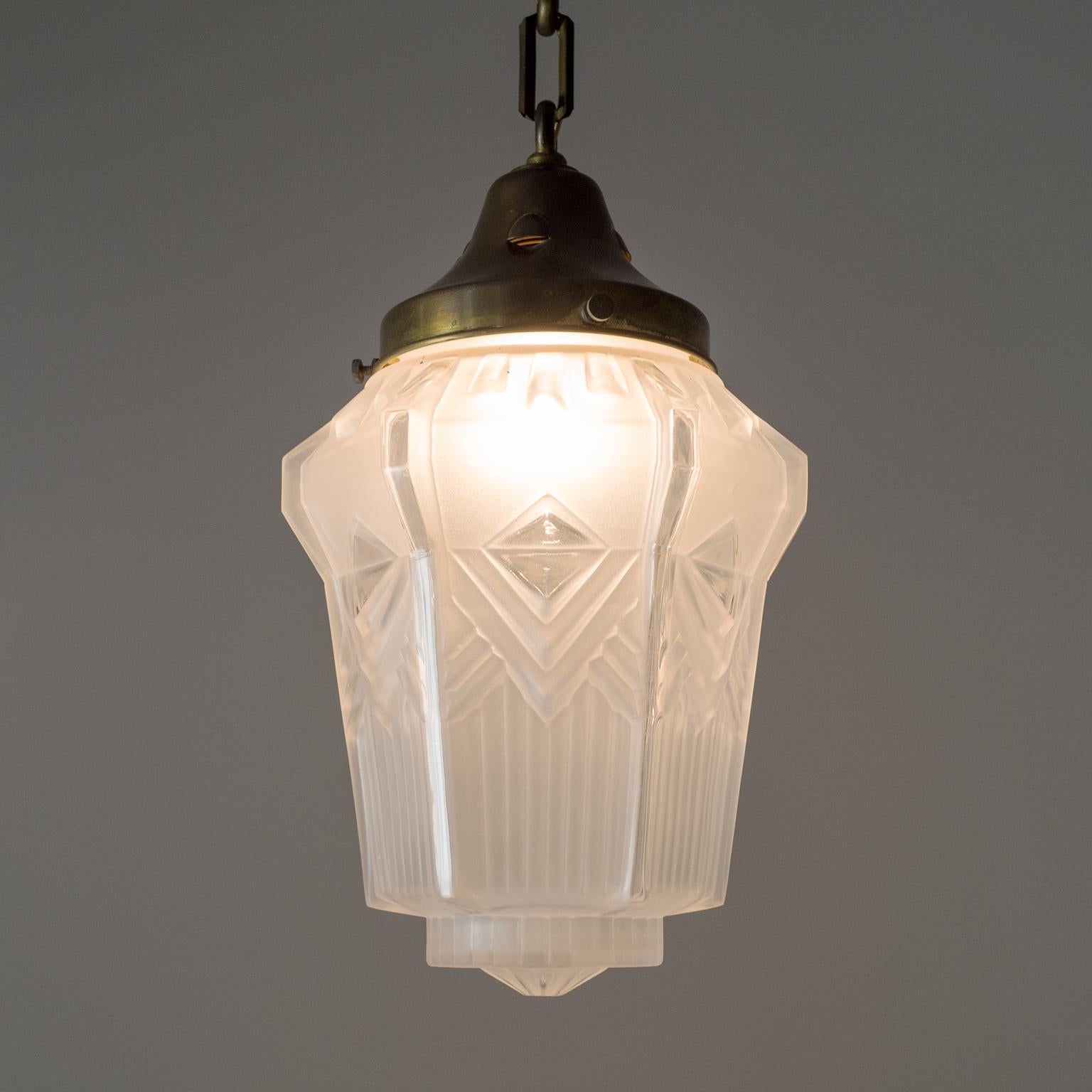 1920s French Art Deco Pendant, Brass and Geometric Glass 9