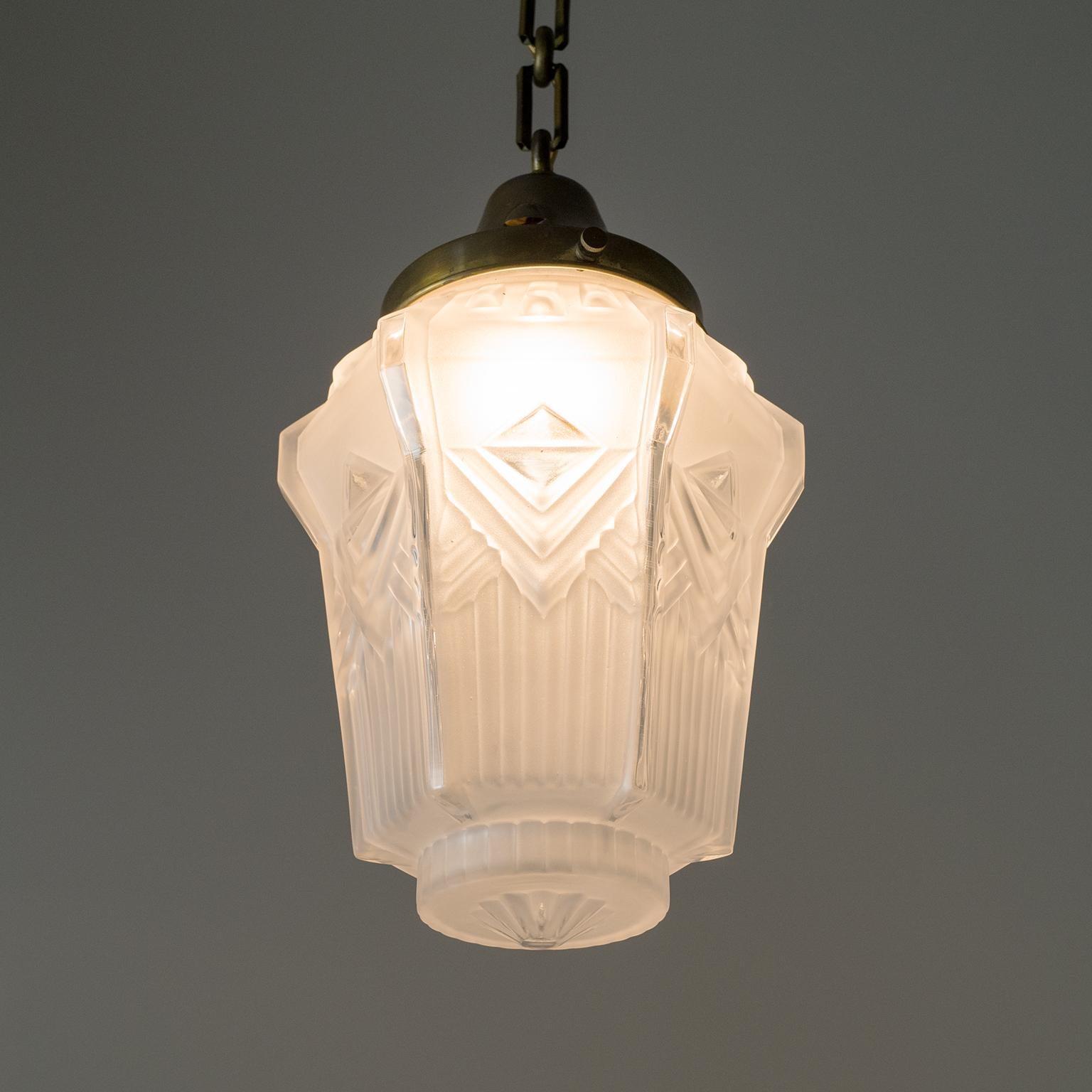 Early 20th Century 1920s French Art Deco Pendant, Brass and Geometric Glass