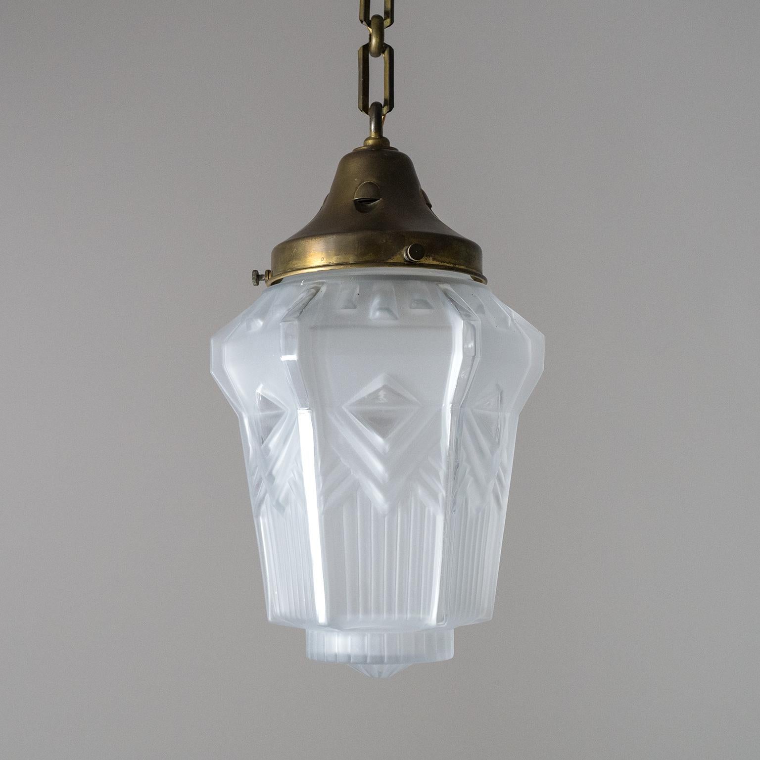 1920s French Art Deco Pendant, Brass and Geometric Glass 8