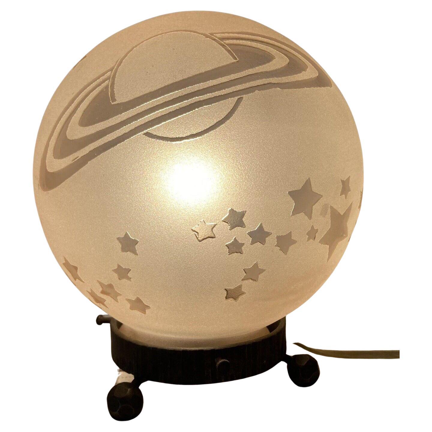 1920s French Art Deco Pink Planet Saturn Shooting Stars Table Lamp Signed Sprat For Sale