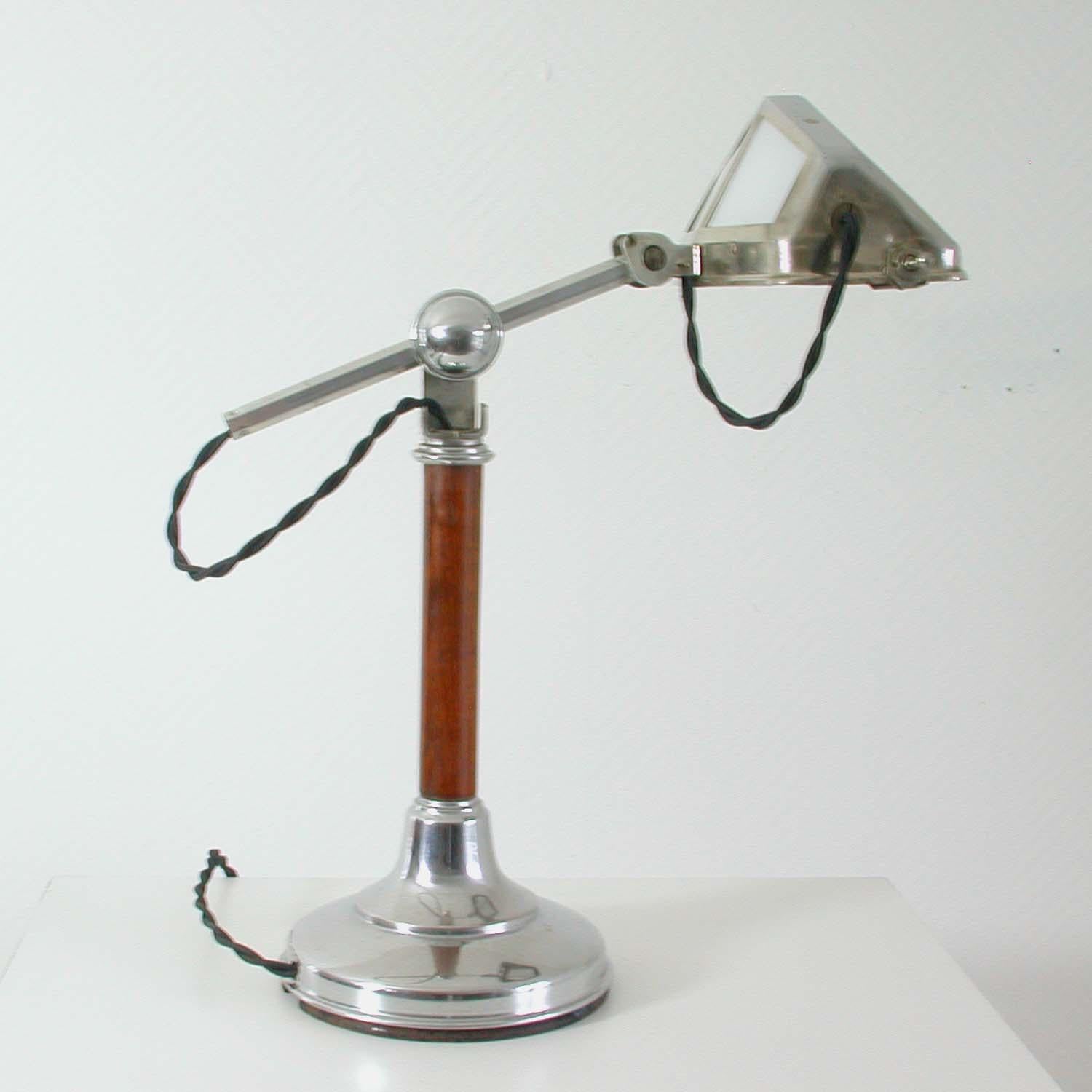 Plated 1920s French Art Deco Pirouette Chrome Wood and Glass Table Lamp