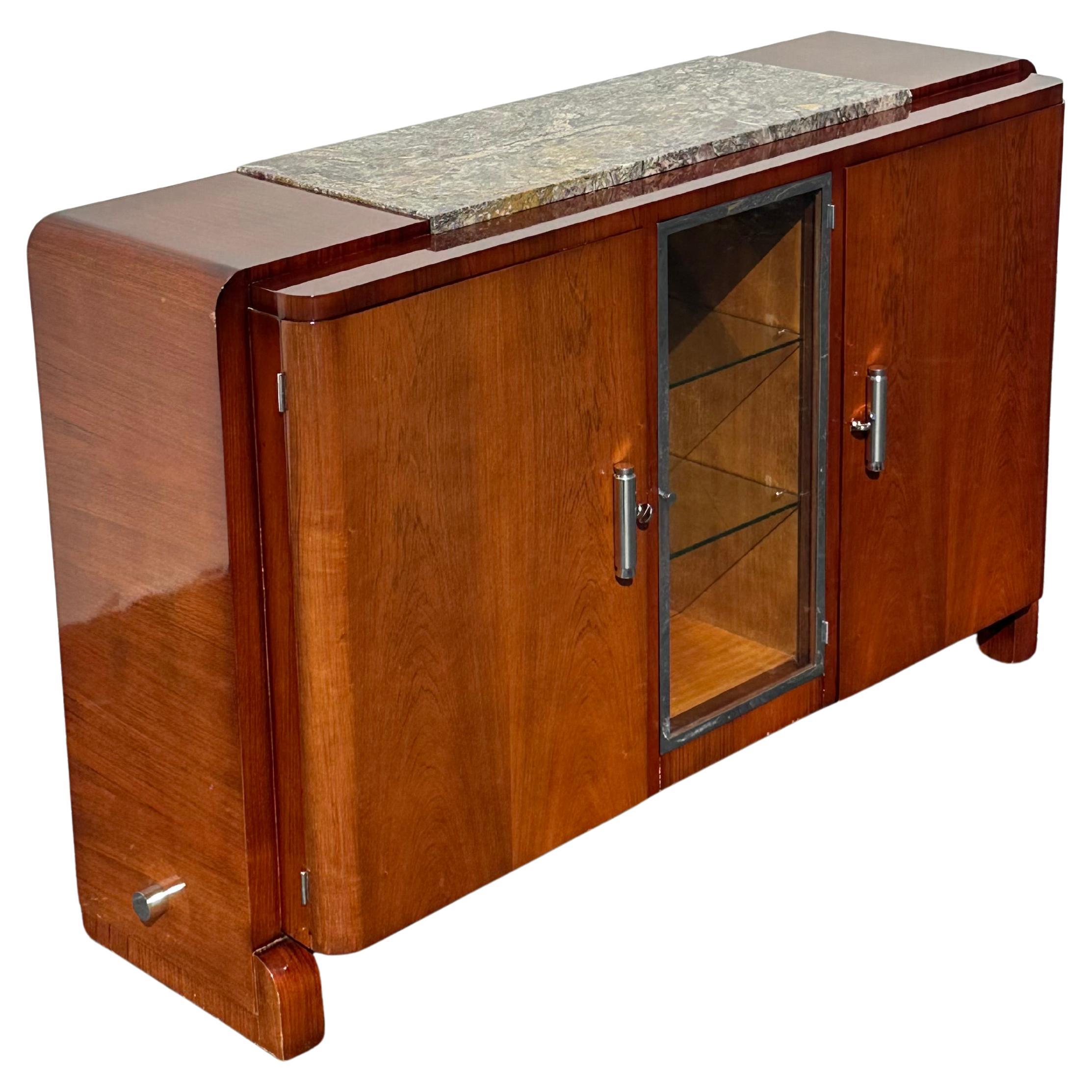 1920s French Art Deco Rosewood Chrome Sideboard Cabinet Marble top