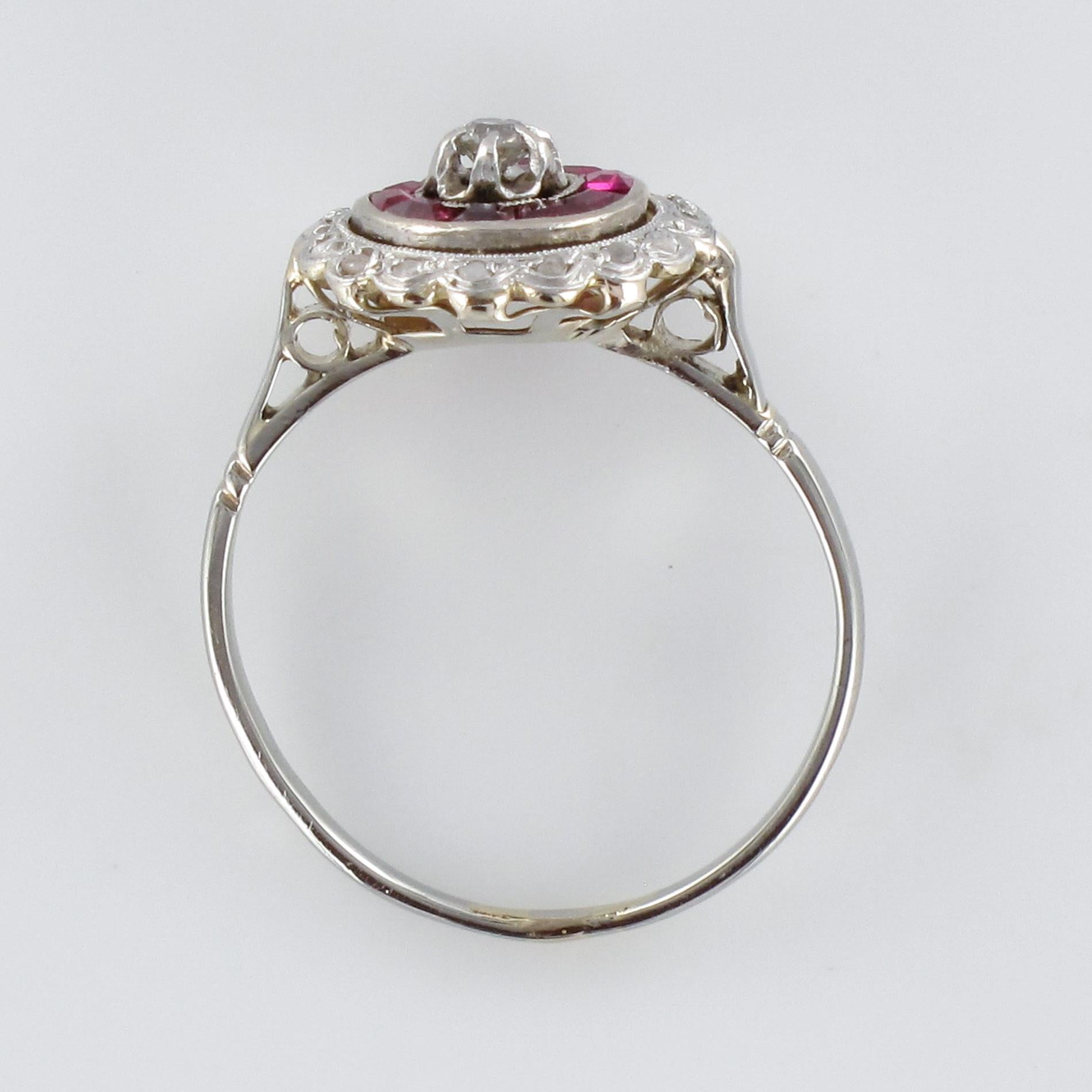 1920s French Art Deco Ruby Diamond 18 Karat White Gold Round Ring 9