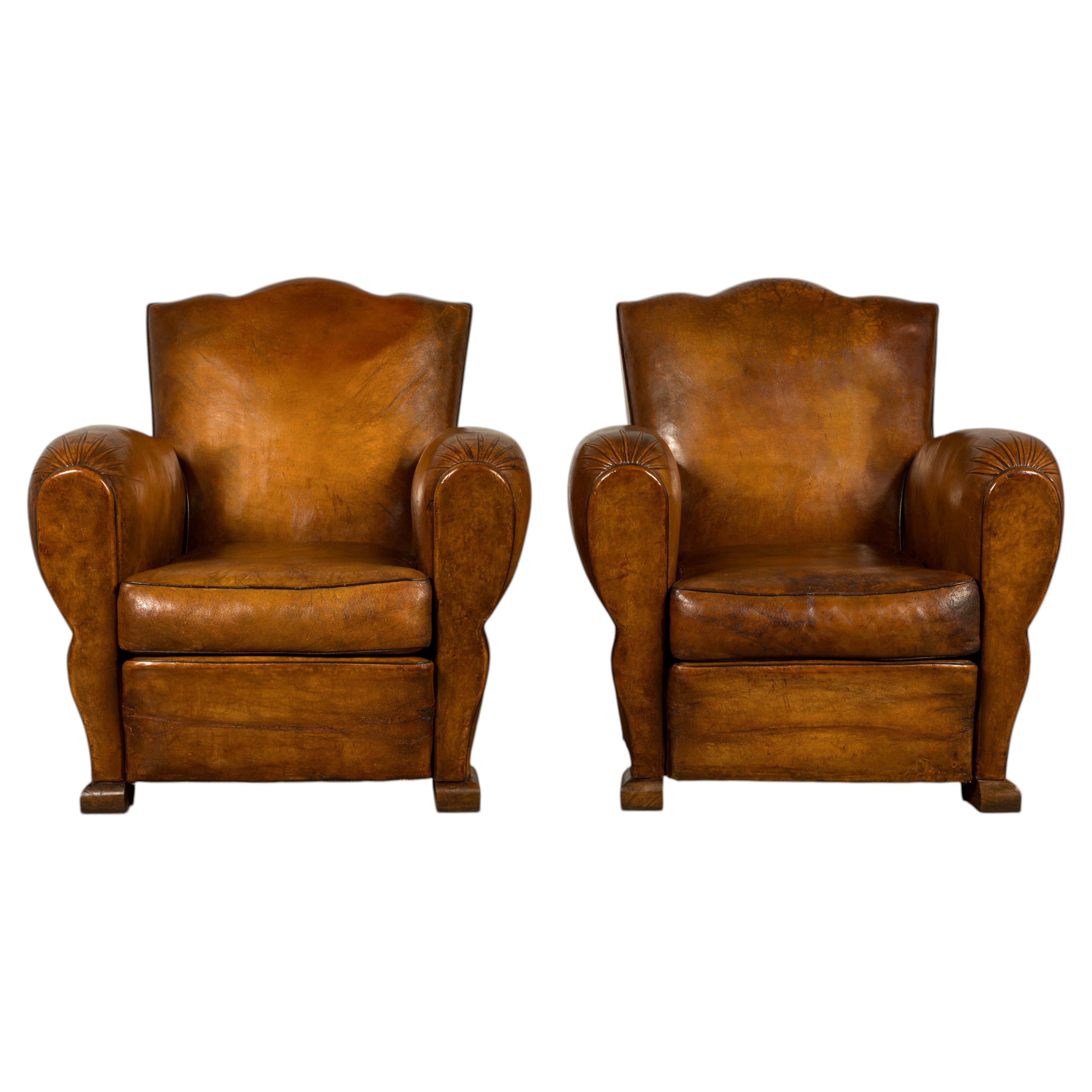 Pair of 1920s French Art Deco Club Chairs in Cognac Leather, Scalloped Back