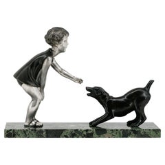 1920s French Art Deco Sculpture of Young Girl with Dog by P. Sega