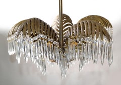 1920s French Art Deco Solid Bronze & Crystal Leaves Palm Tree 5 Light Chandelier
