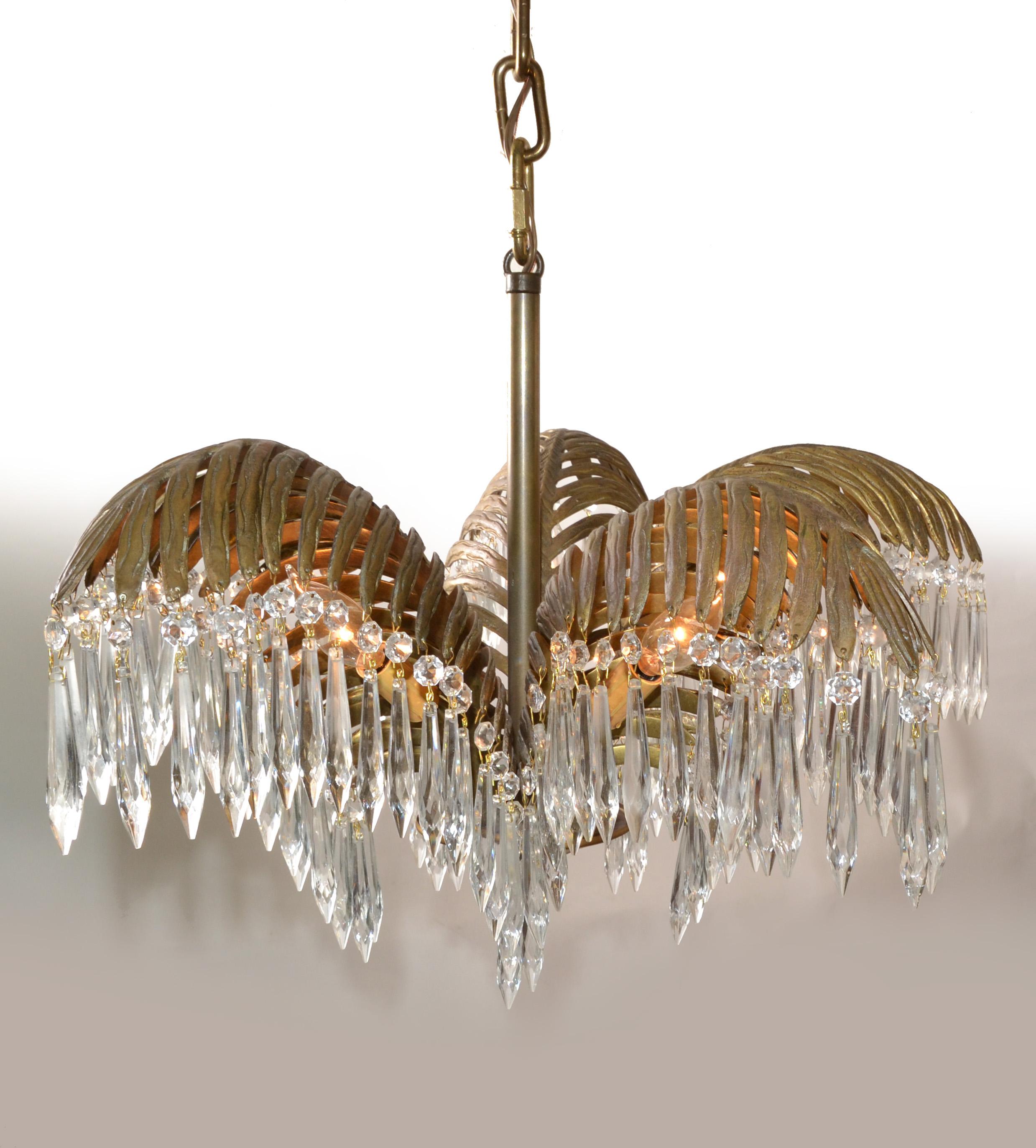 Cast 1920s French Art Deco Solid Bronze & Crystal Leaves Palm Tree 5 Light Chandelier
