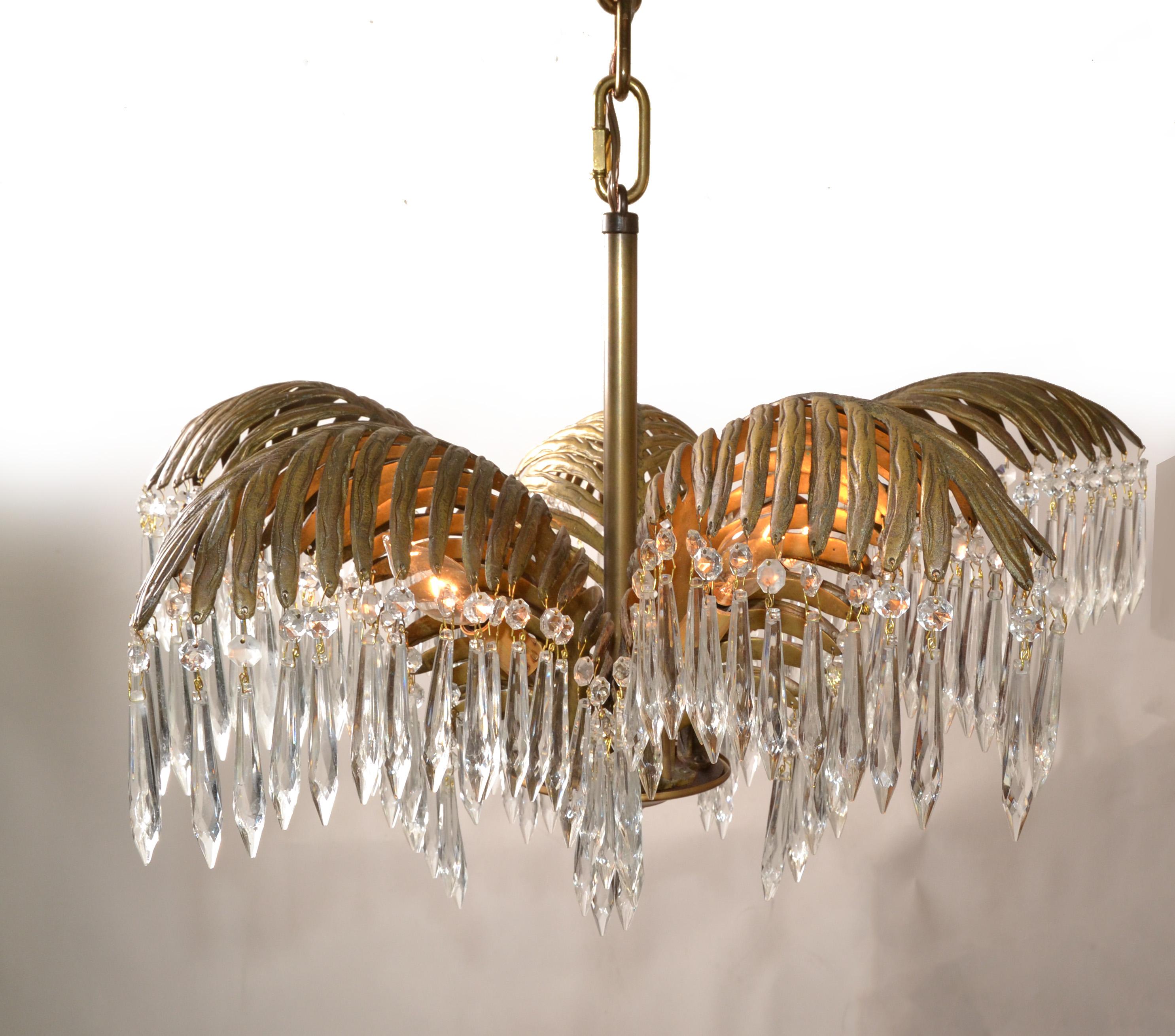 1920s French Art Deco Solid Bronze & Crystal Leaves Palm Tree 5 Light Chandelier In Good Condition In Miami, FL