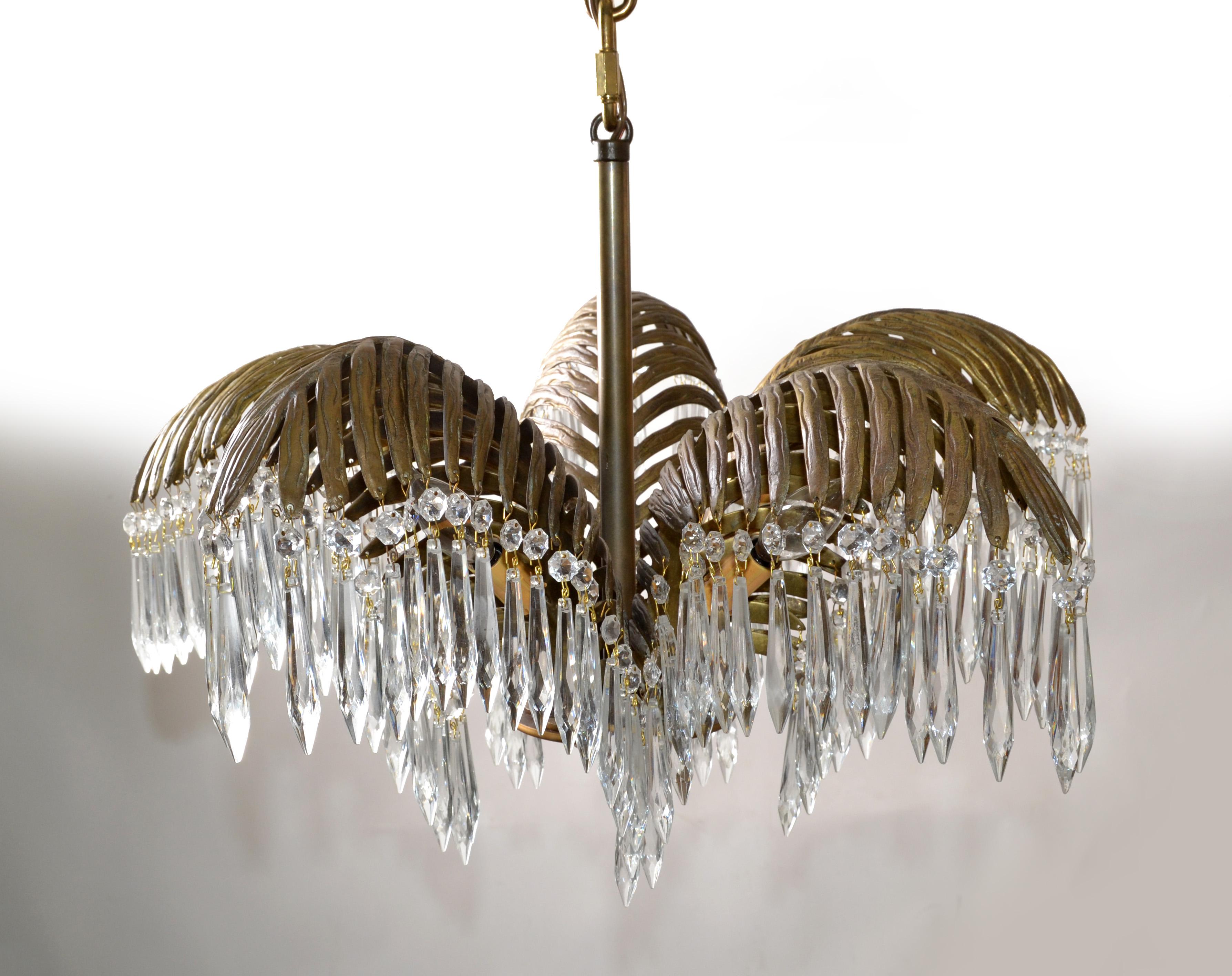 Early 20th Century 1920s French Art Deco Solid Bronze & Crystal Leaves Palm Tree 5 Light Chandelier