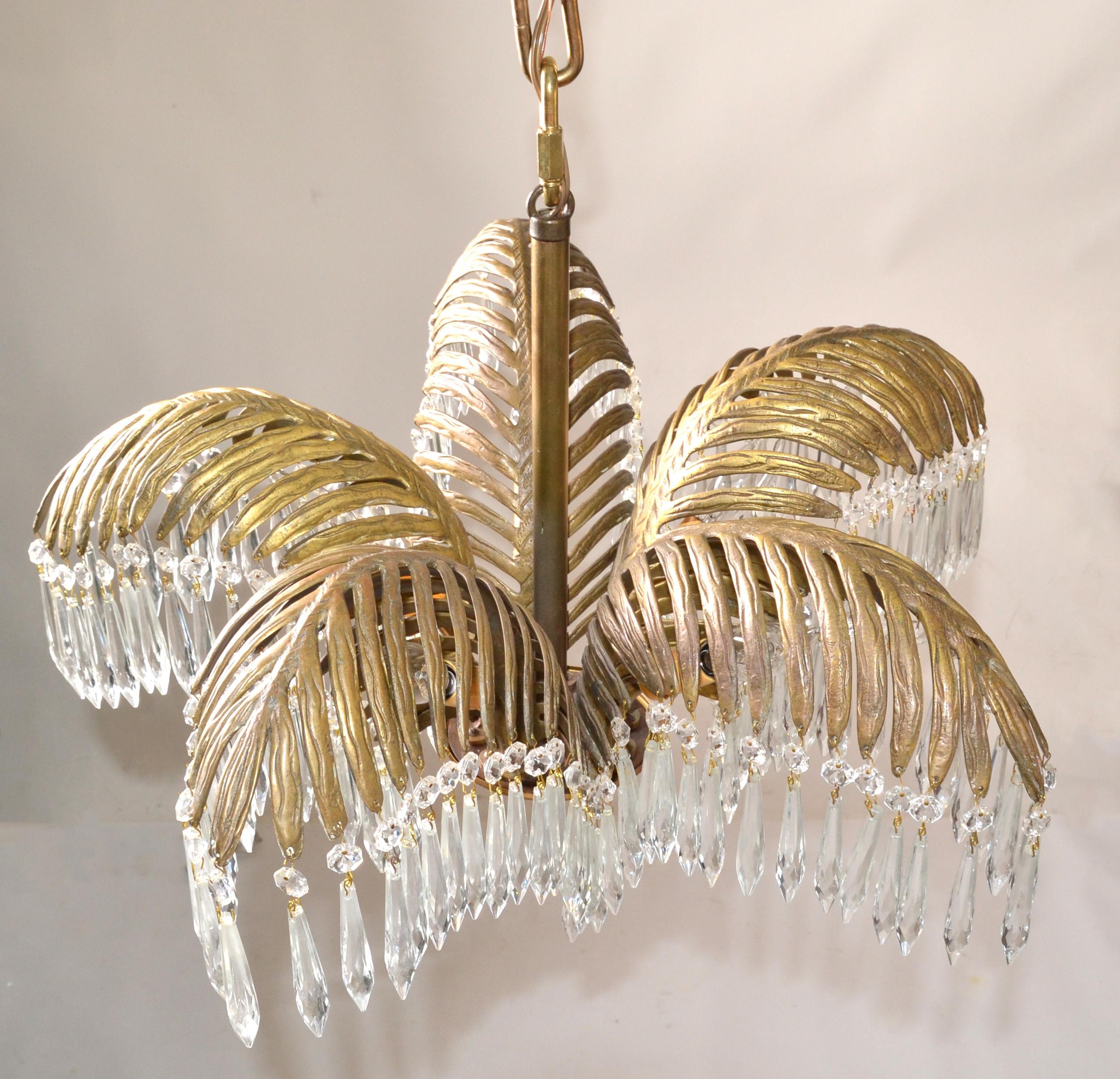 Brass 1920s French Art Deco Solid Bronze & Crystal Leaves Palm Tree 5 Light Chandelier
