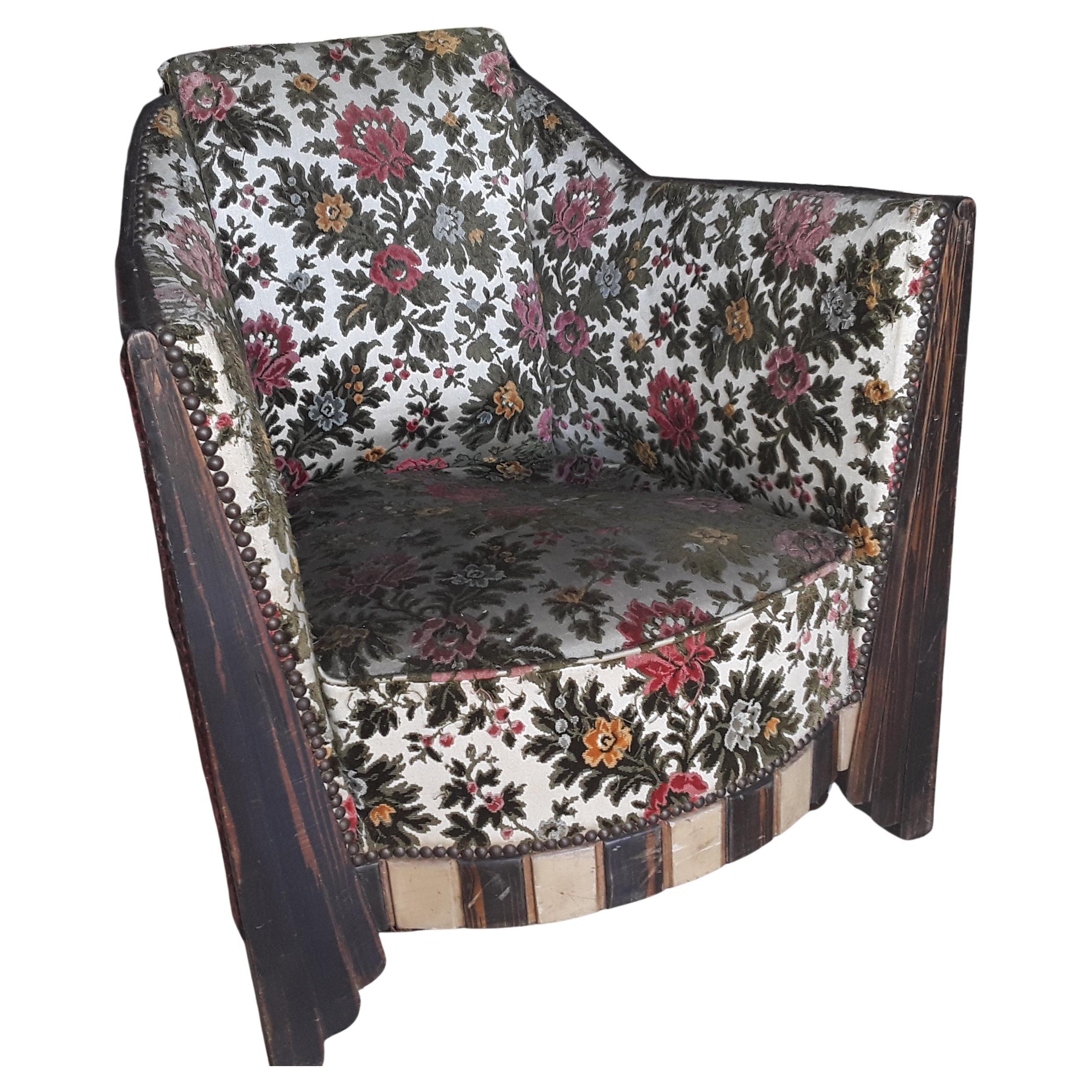 1920's French Art Deco Solid Macassar Ebony w/ Parchment Club Chair - Original For Sale