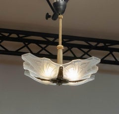 1920s French Art Deco Square Pendant Chandelier with Frosted Art Glass