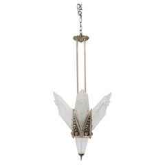 1920’s French Art Deco Tall Glass and Nickel Pendant By Schneider