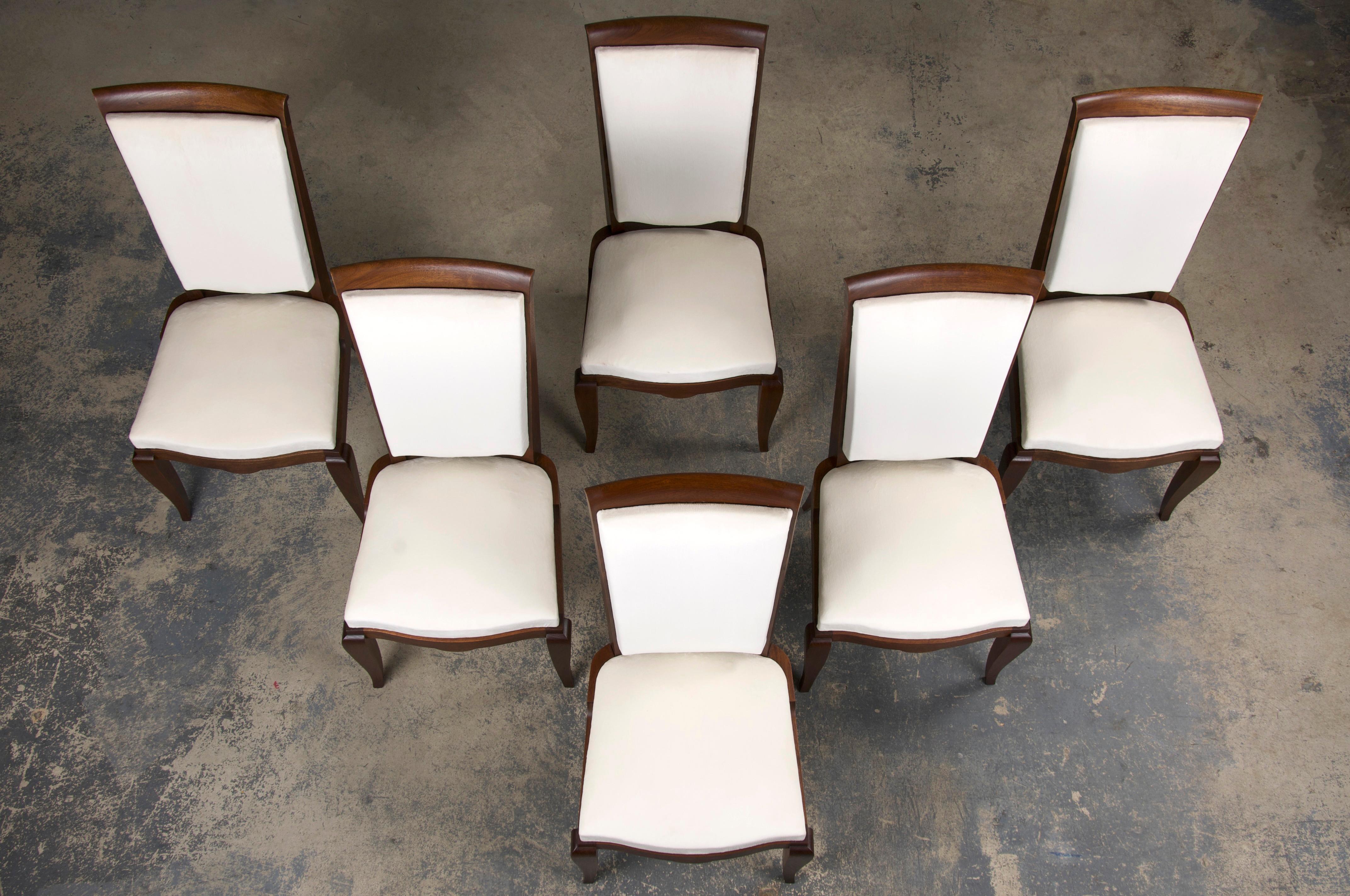 Hand-Carved 1920s French Art Deco Walnut Dining Chairs W/ Off-White Velvet - Set of 6